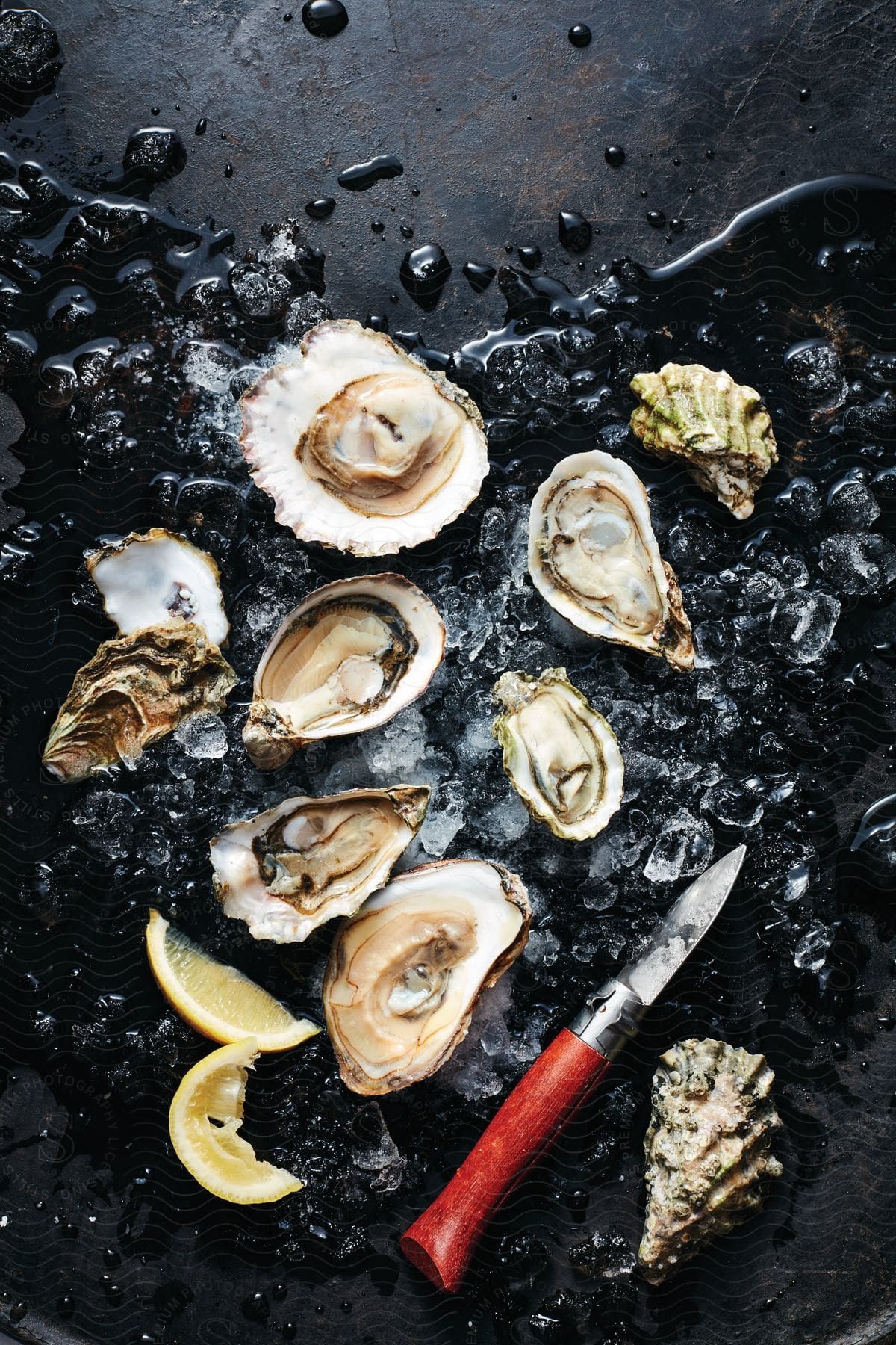 Seafood with ice on a black table with a knife