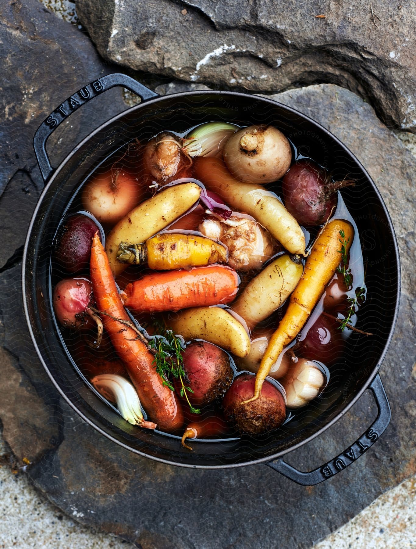 A pot of mixed fresh vegetables submerged in liquid is sitting on a large rocky surface outside