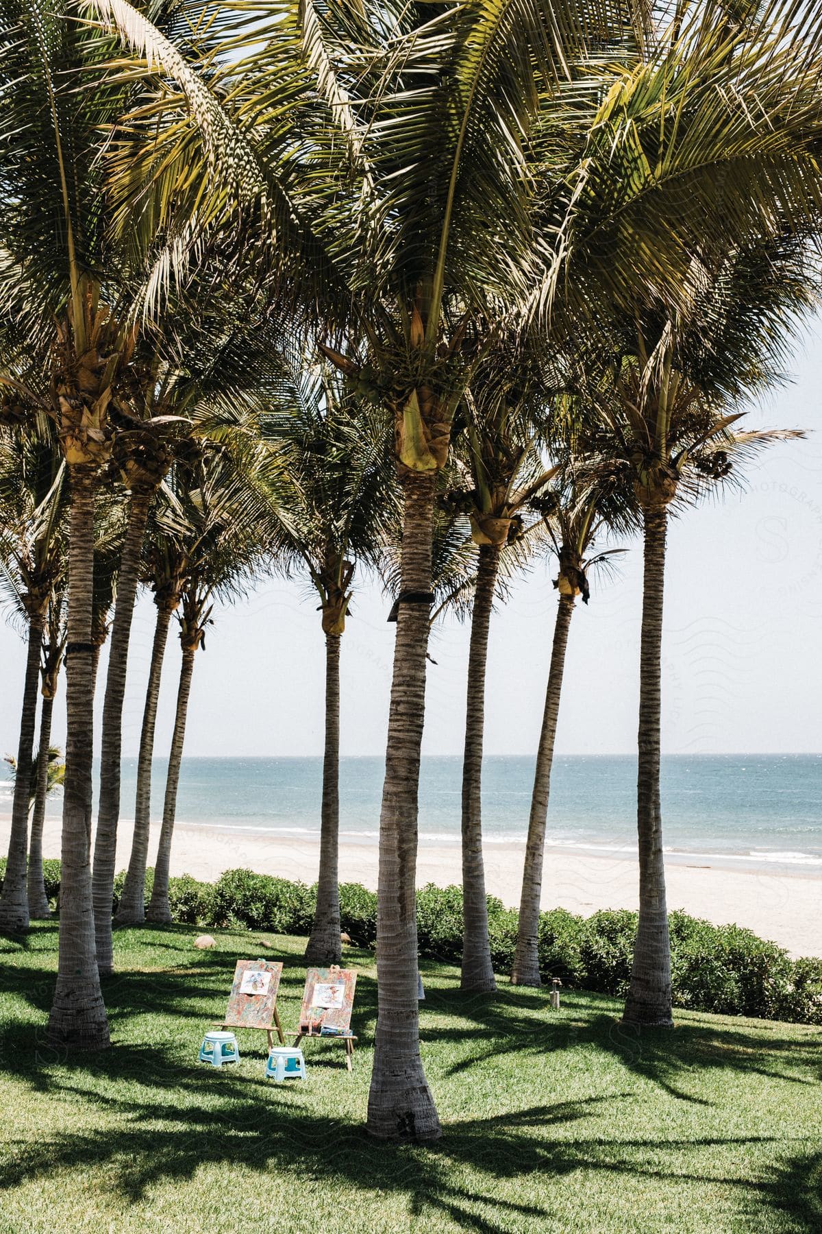 A beach with palm trees lawn chairs art stations sand ocean and waves creates a relaxing and creative atmosphere