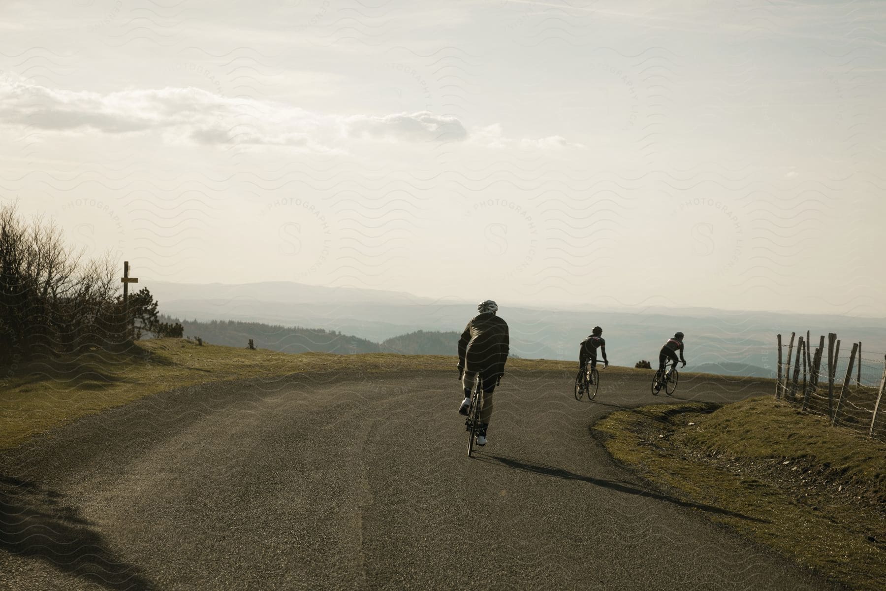 Three cyclists participating in a competition swiftly riding down the road with determination