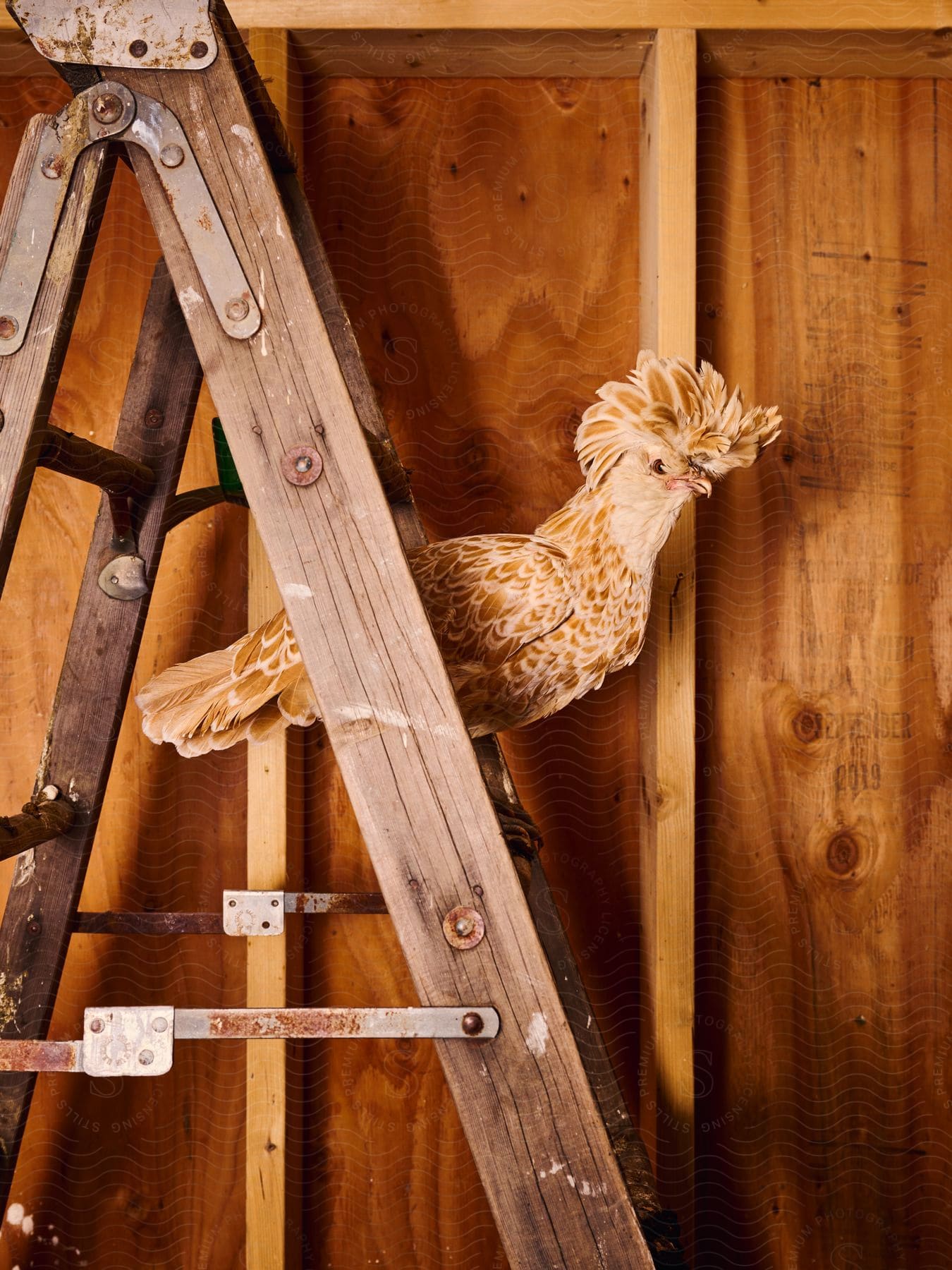 A golden polish chicken standing on a wood ladder in a barn