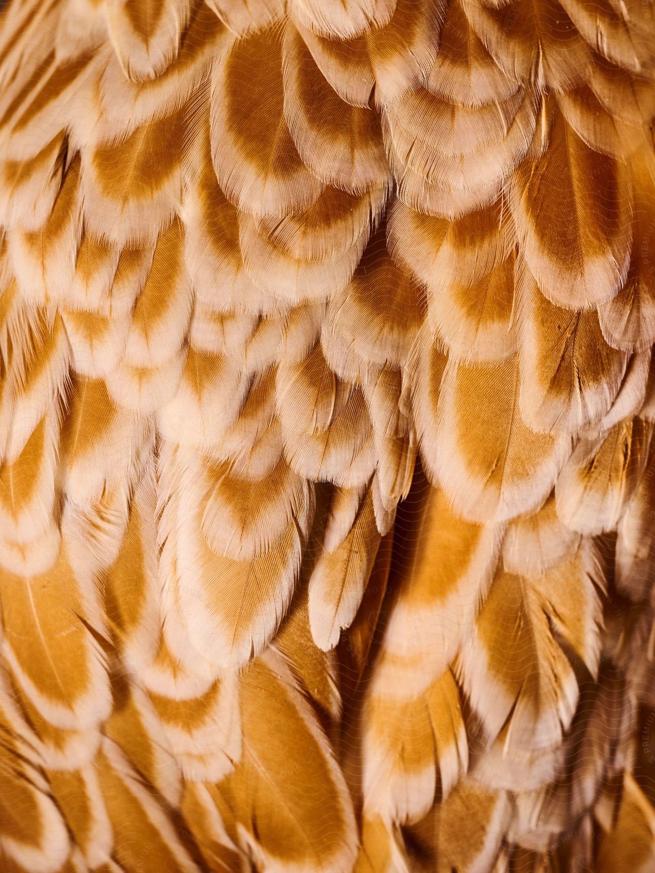 Brown and white edged chicken feathers in extreme closeup