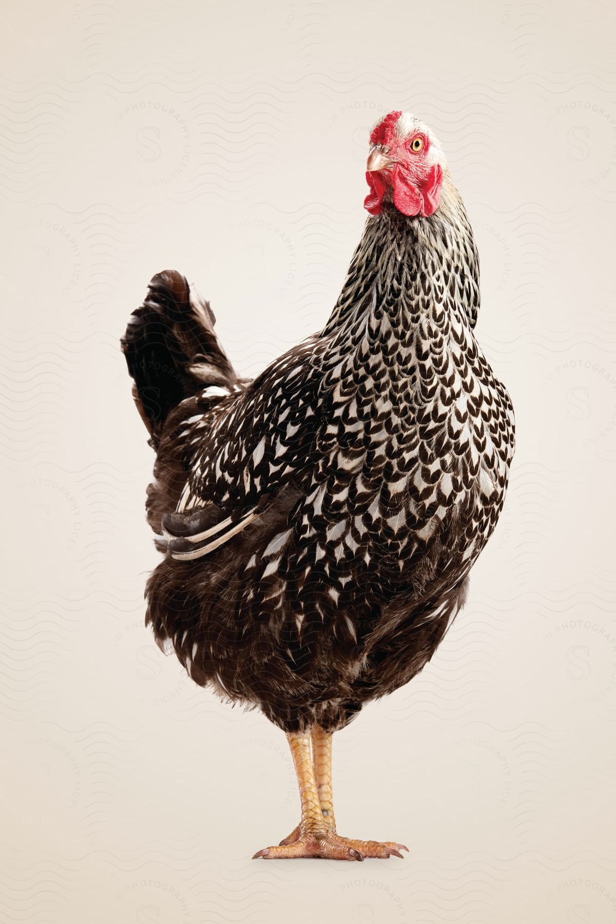 A chicken with white and brown feathers