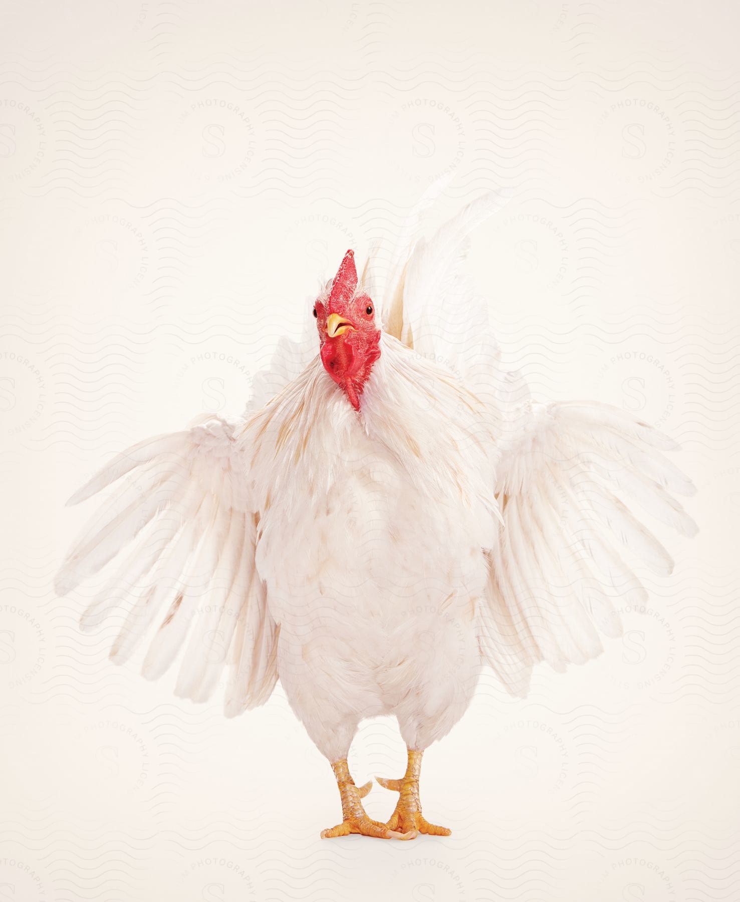 A chicken with its wings slightly spread facing forward