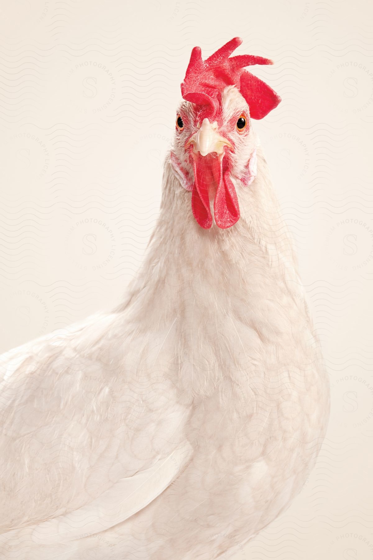 White feathered rooster with red comb stares