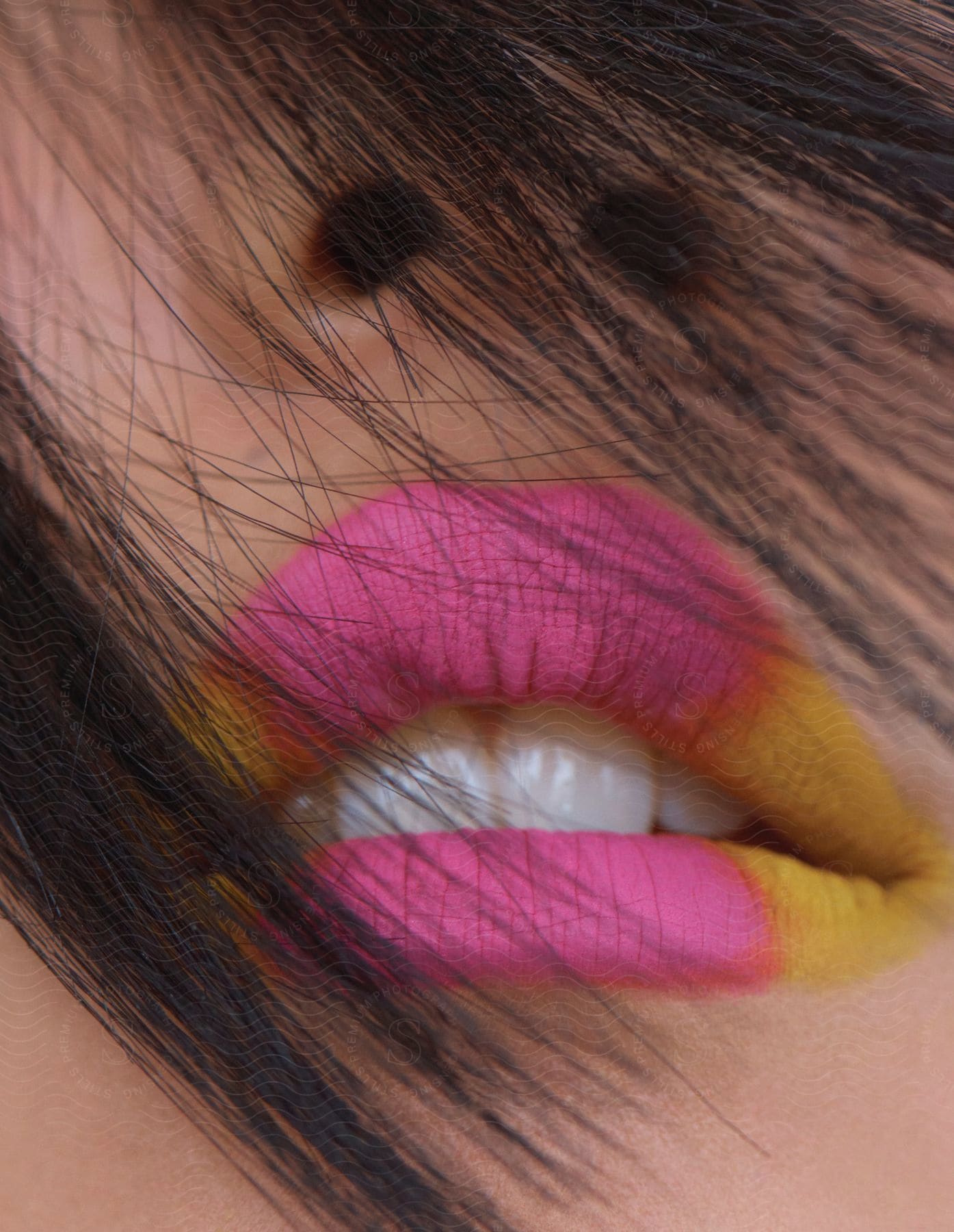 A woman with pink and yellow lipstick partially covered by her hair