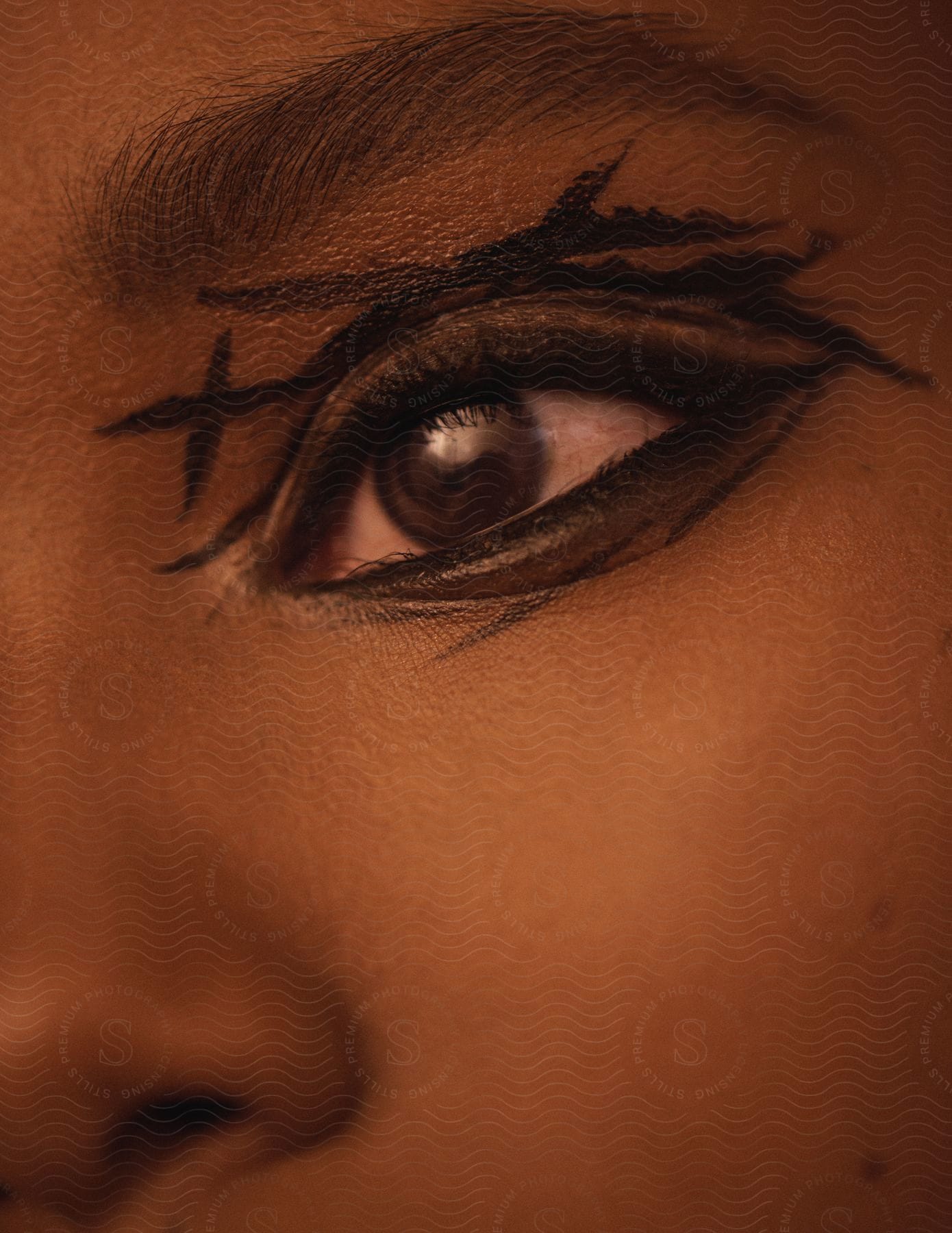 A womans eye marked with lines of eyeliner