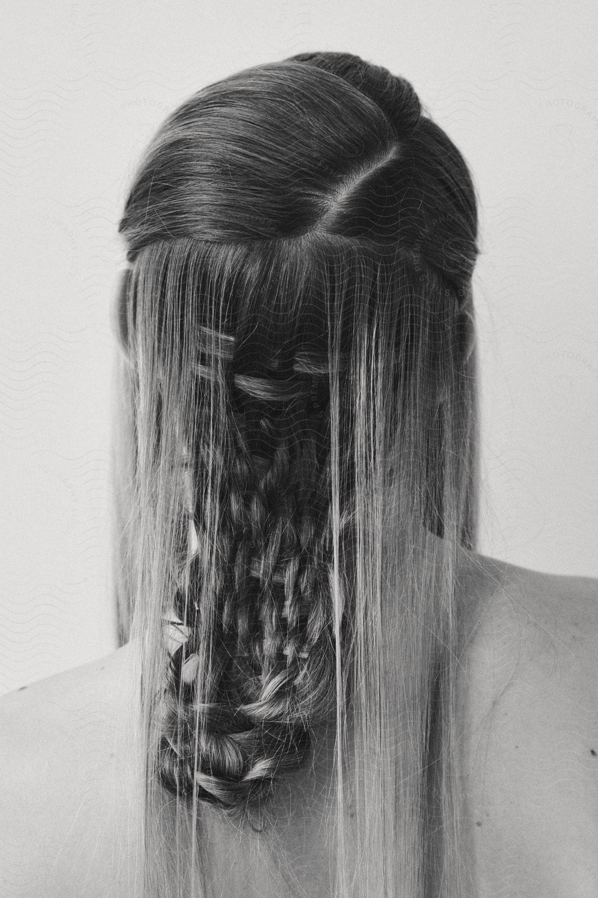 A womans braided hair seen from the back