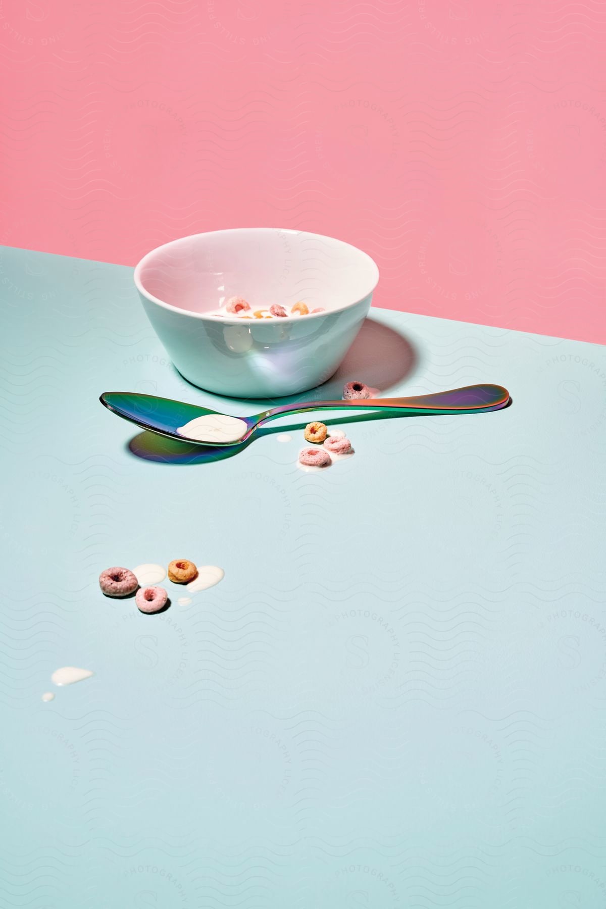 Spilled cheerios and milk next to a spoon and white bowl