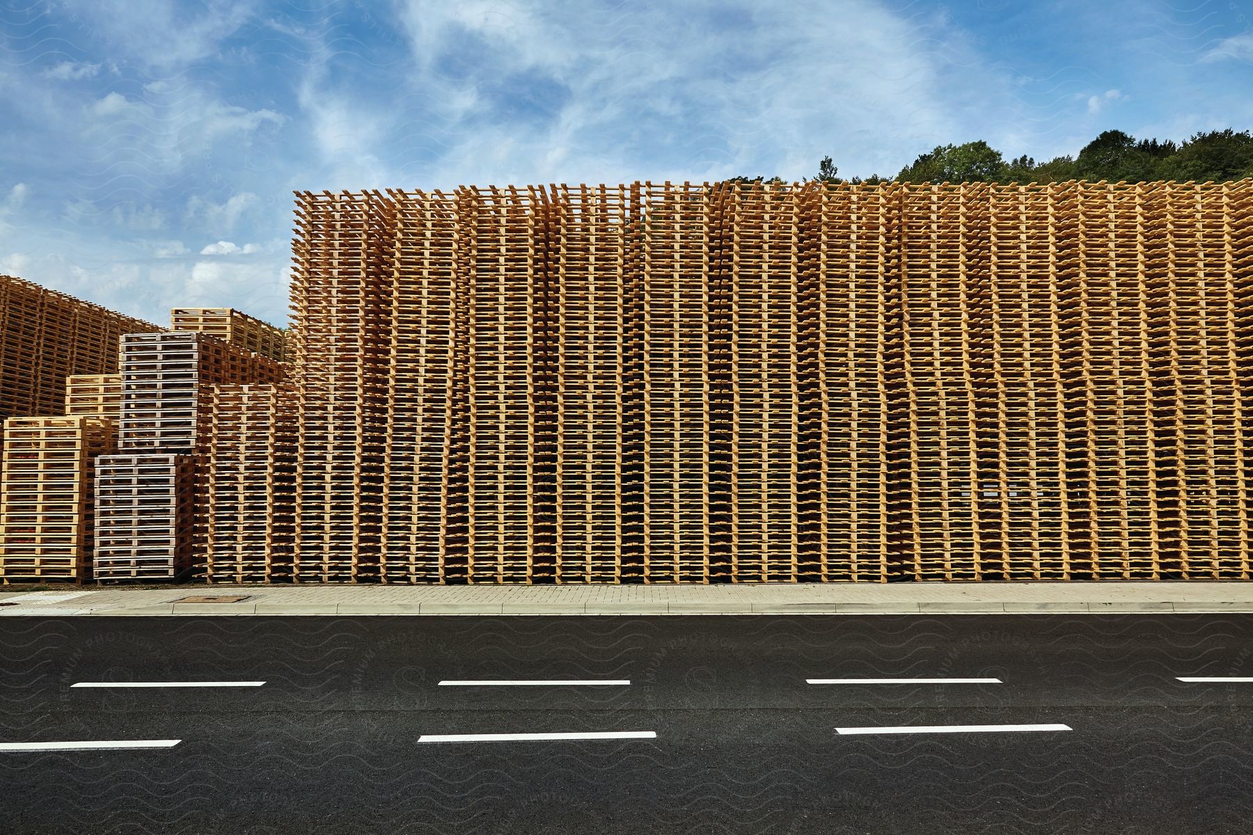 An enormous pile of wooden pallets on an asphalt road under a cloudy sky in a city setting during the daytime