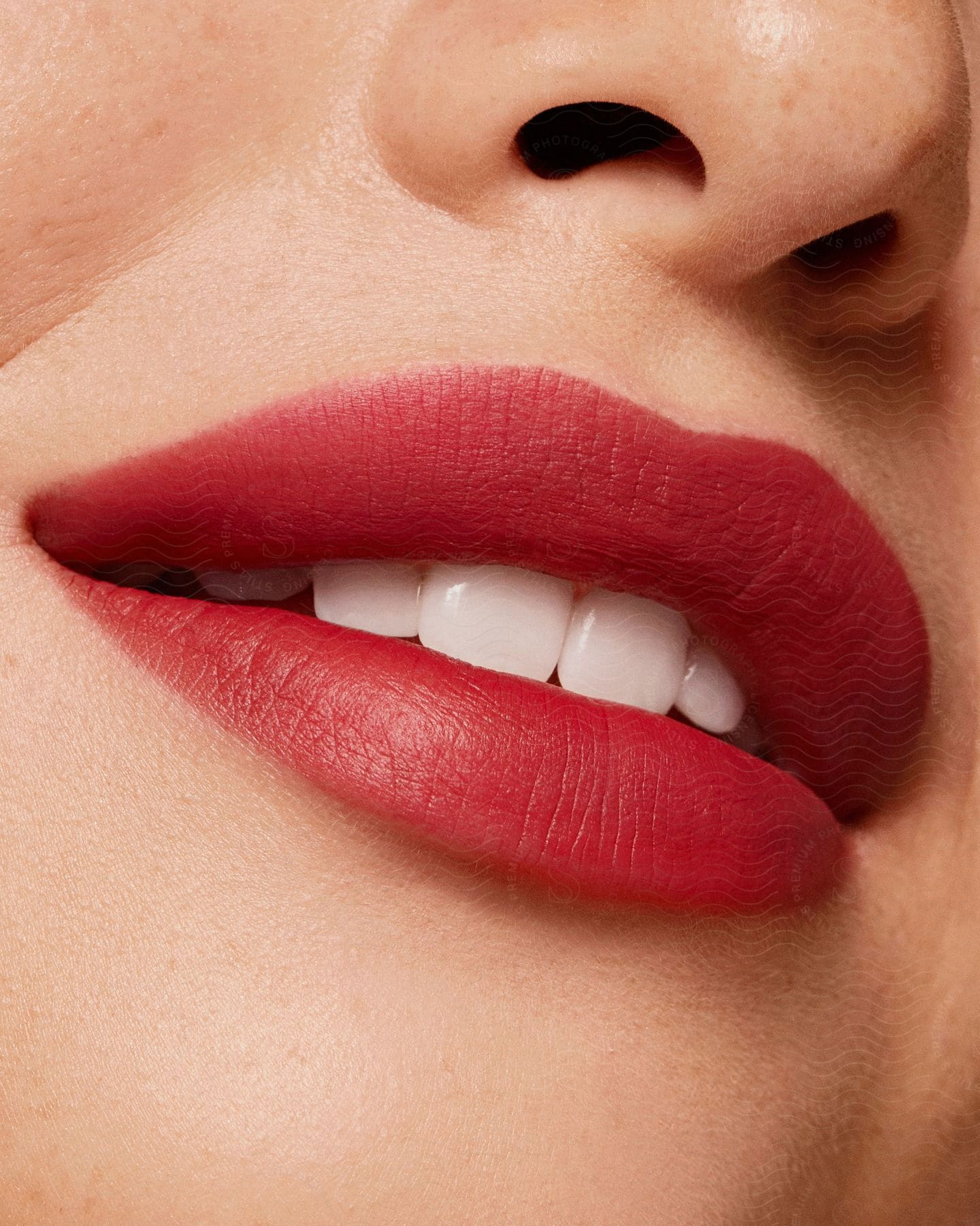 Close Up Of Womans Lips With Red Lipstick