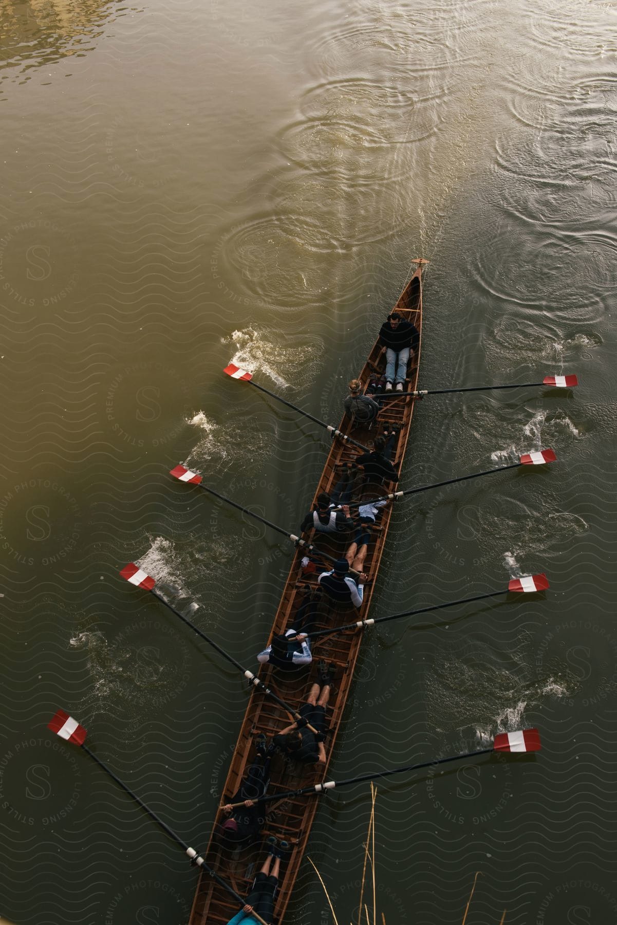 A rowing team is paddling on a lake