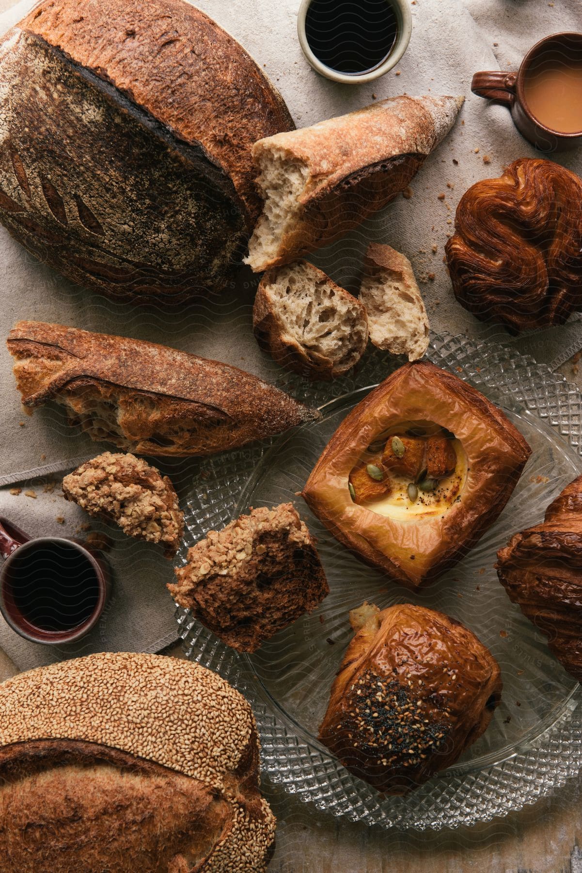 Various pastries and bread along with cups of coffee