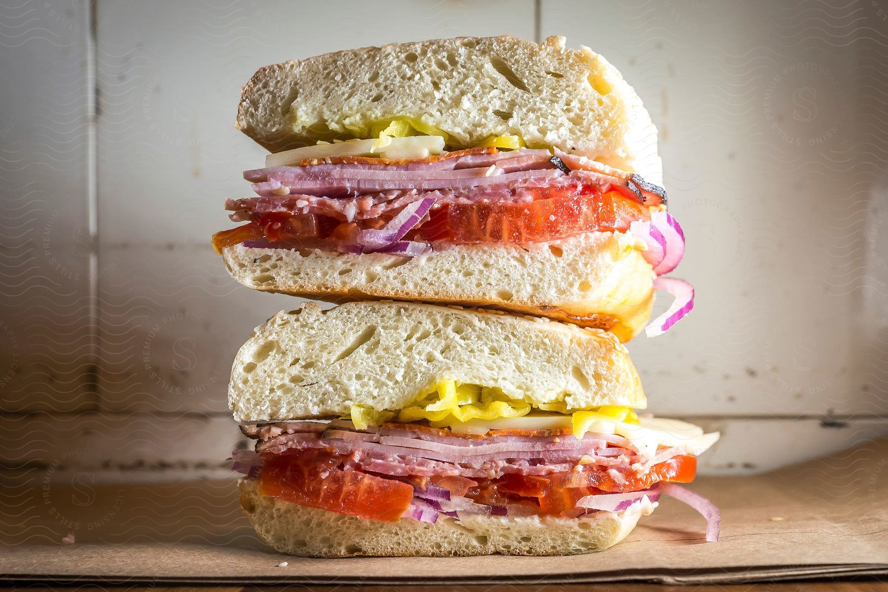 Stock photo of two halves of a full sandwich stacked on top of each other