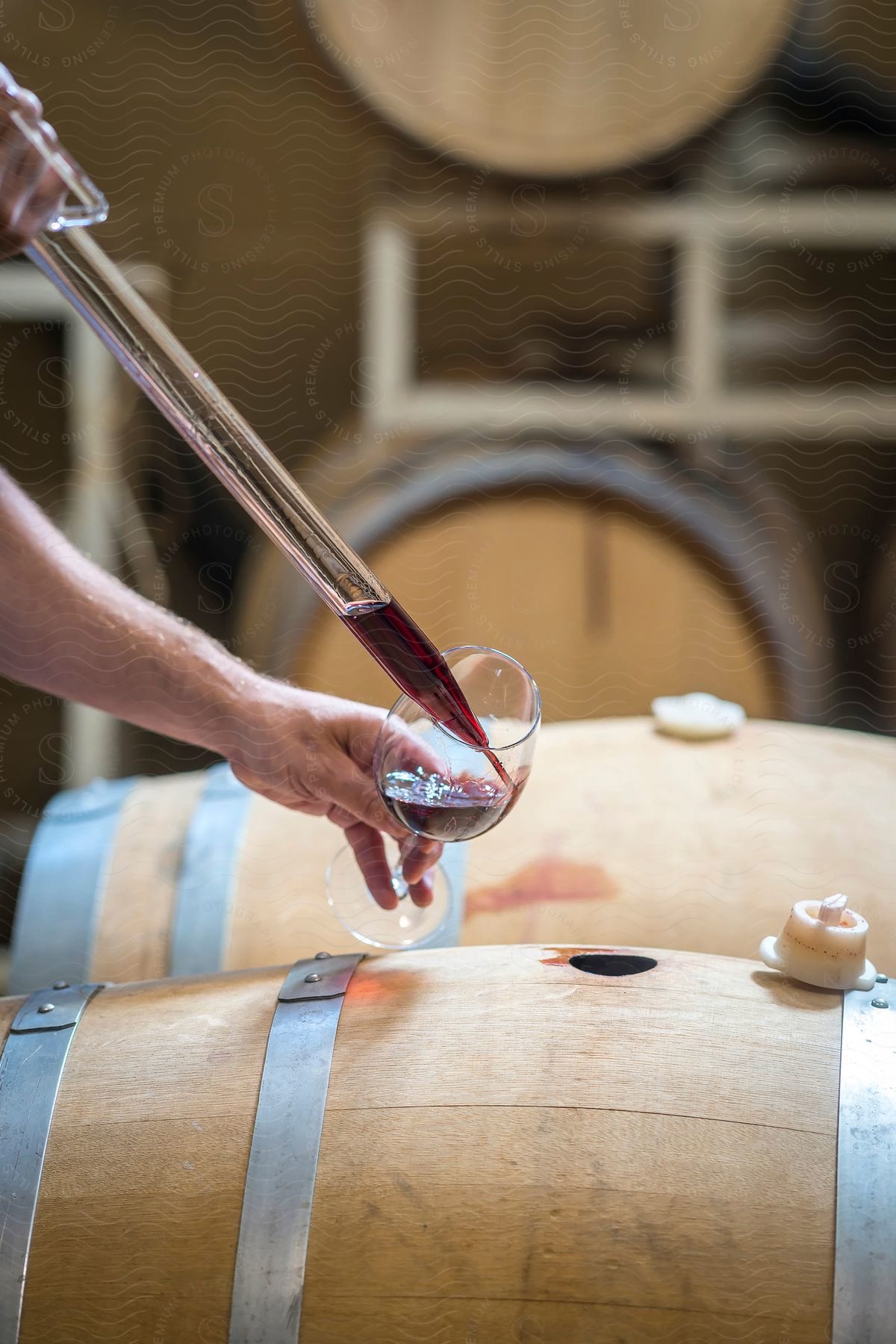 A man draws a wine sample from a barrel