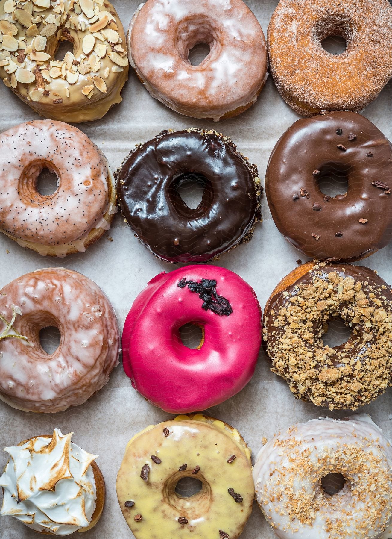 A variety of colorful decorated and glazed donuts sit on a tray