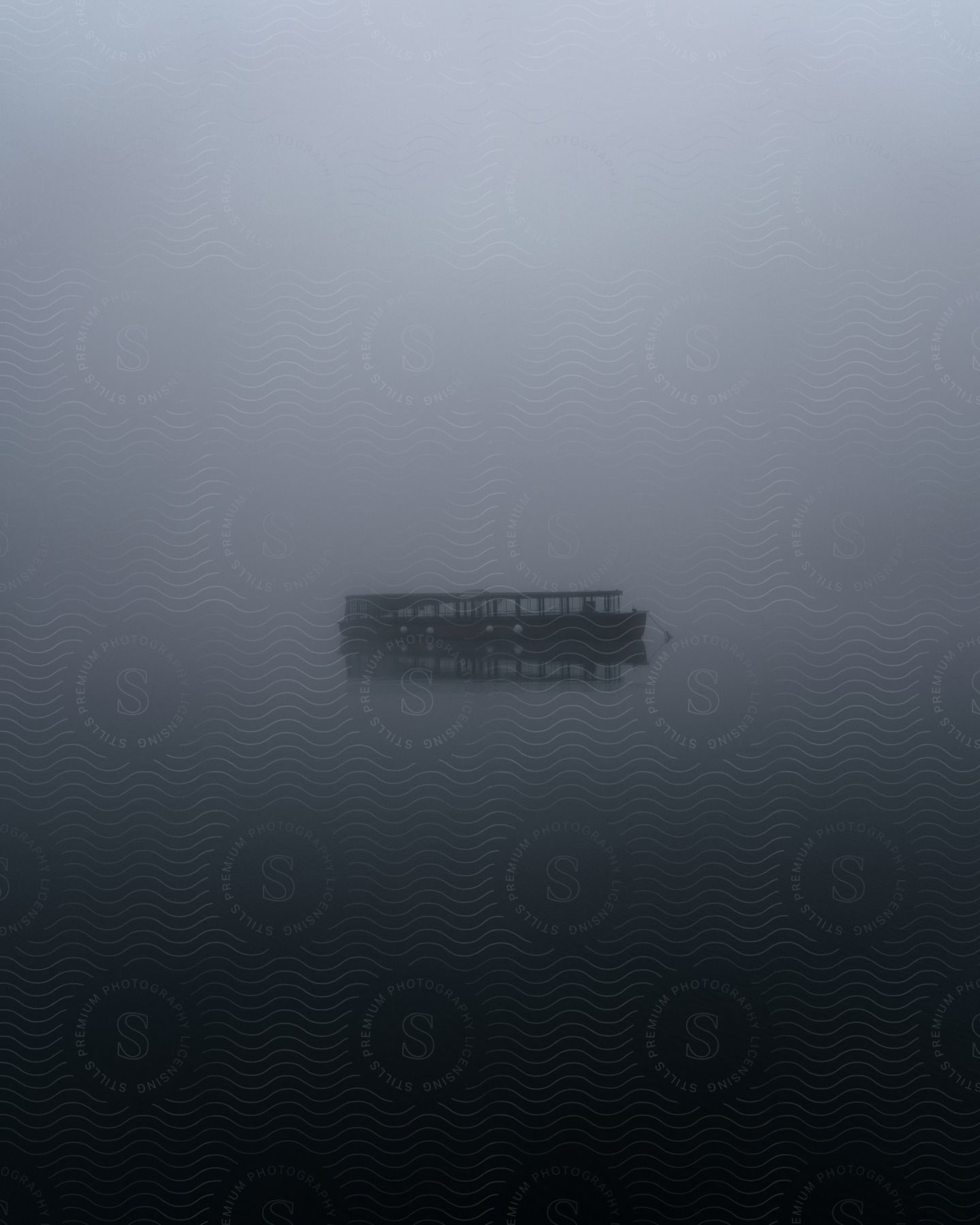 A boat on calm water surrounded by mist