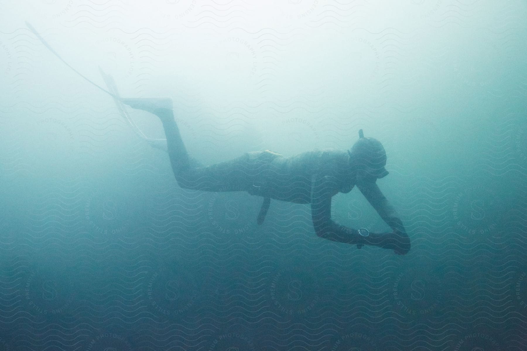 A person is swimming in cloudy water with sunlight shining from above