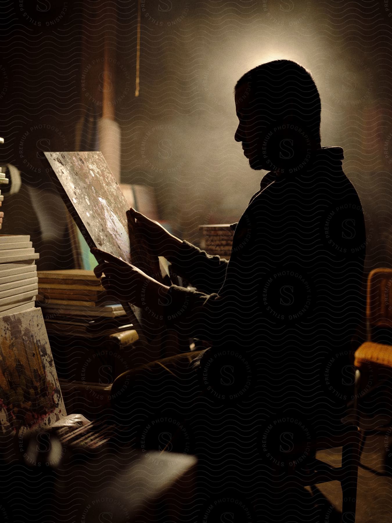 Stock photo of a man holding and observing one of his paintings in a dimly lit room