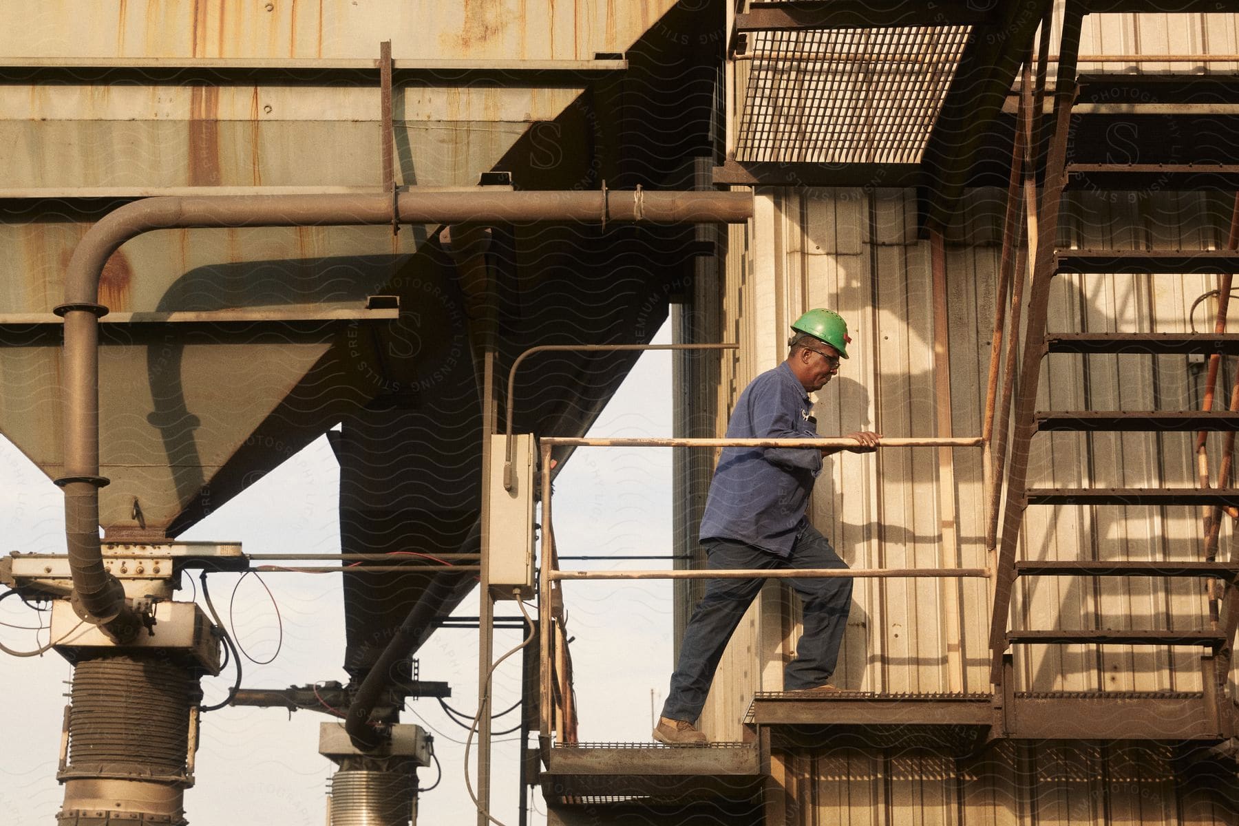 A Black Worker Man In Protective Gear Walking Up The Stairs At A Factory Or Plant