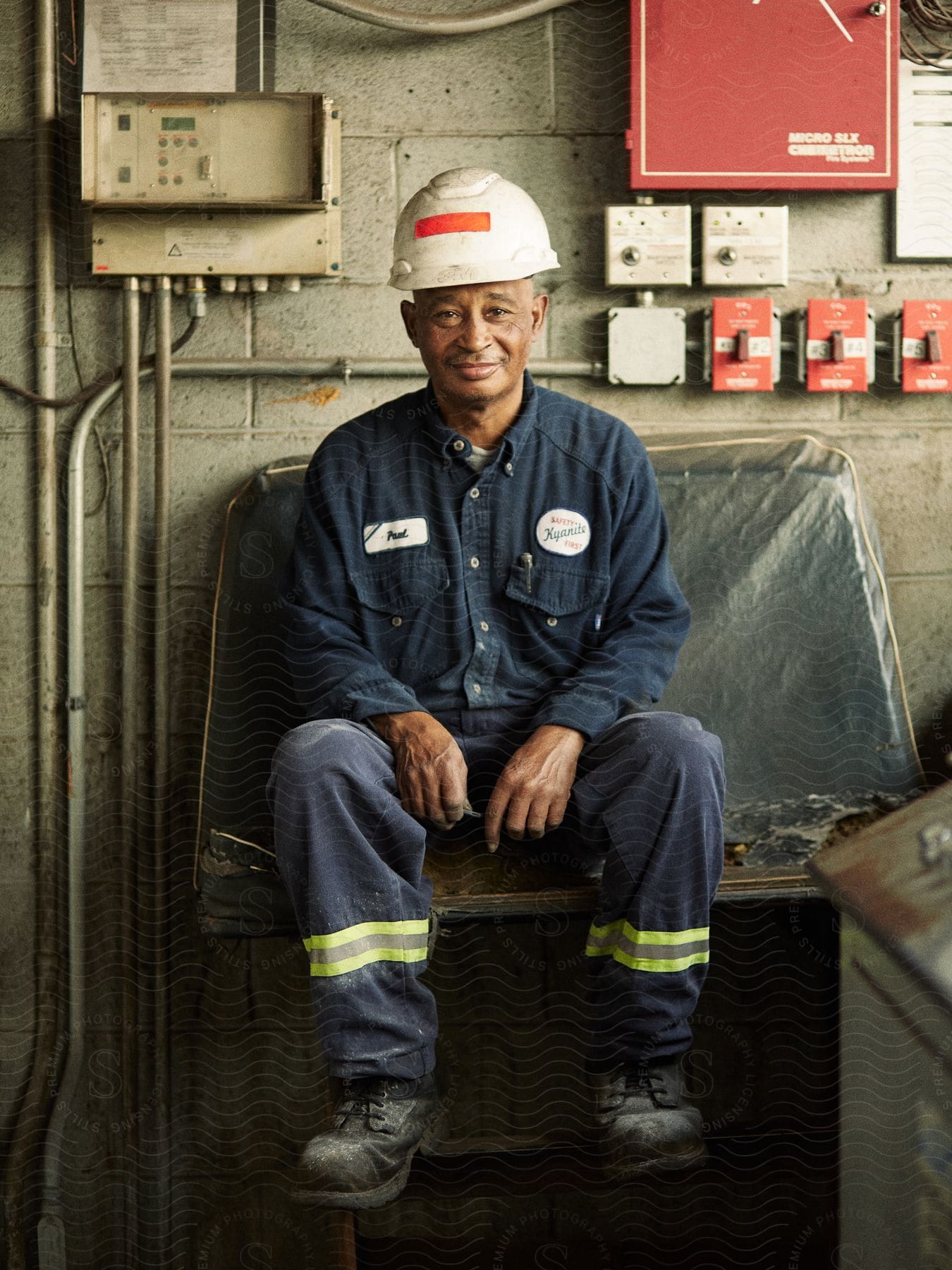 Plant worker sitting on bench in front of cement wall indoors with daylight shining through