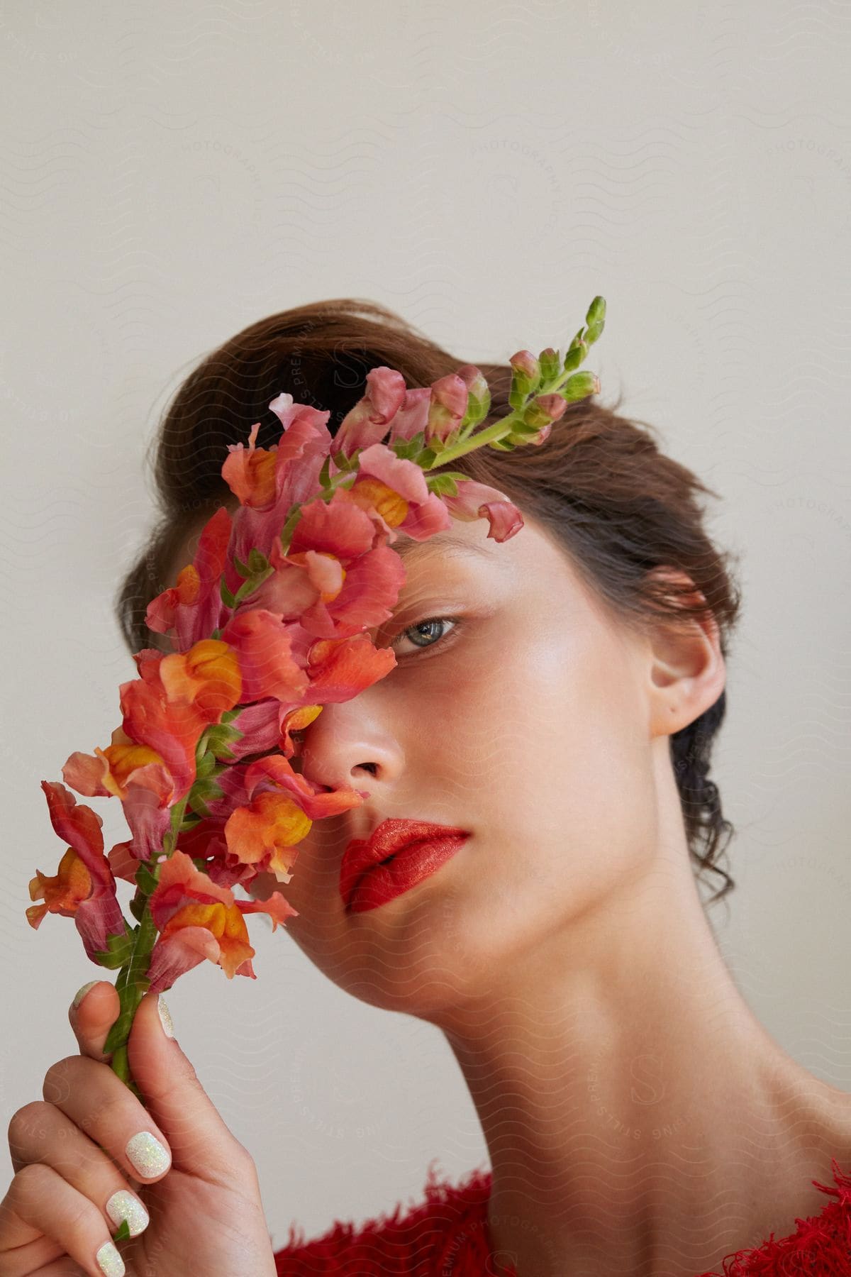 A closeup of a woman with red lipstick aubourn hair blue eyes and a head tilted holding a stem of pink and yellow snapdragon flowers over half of her face