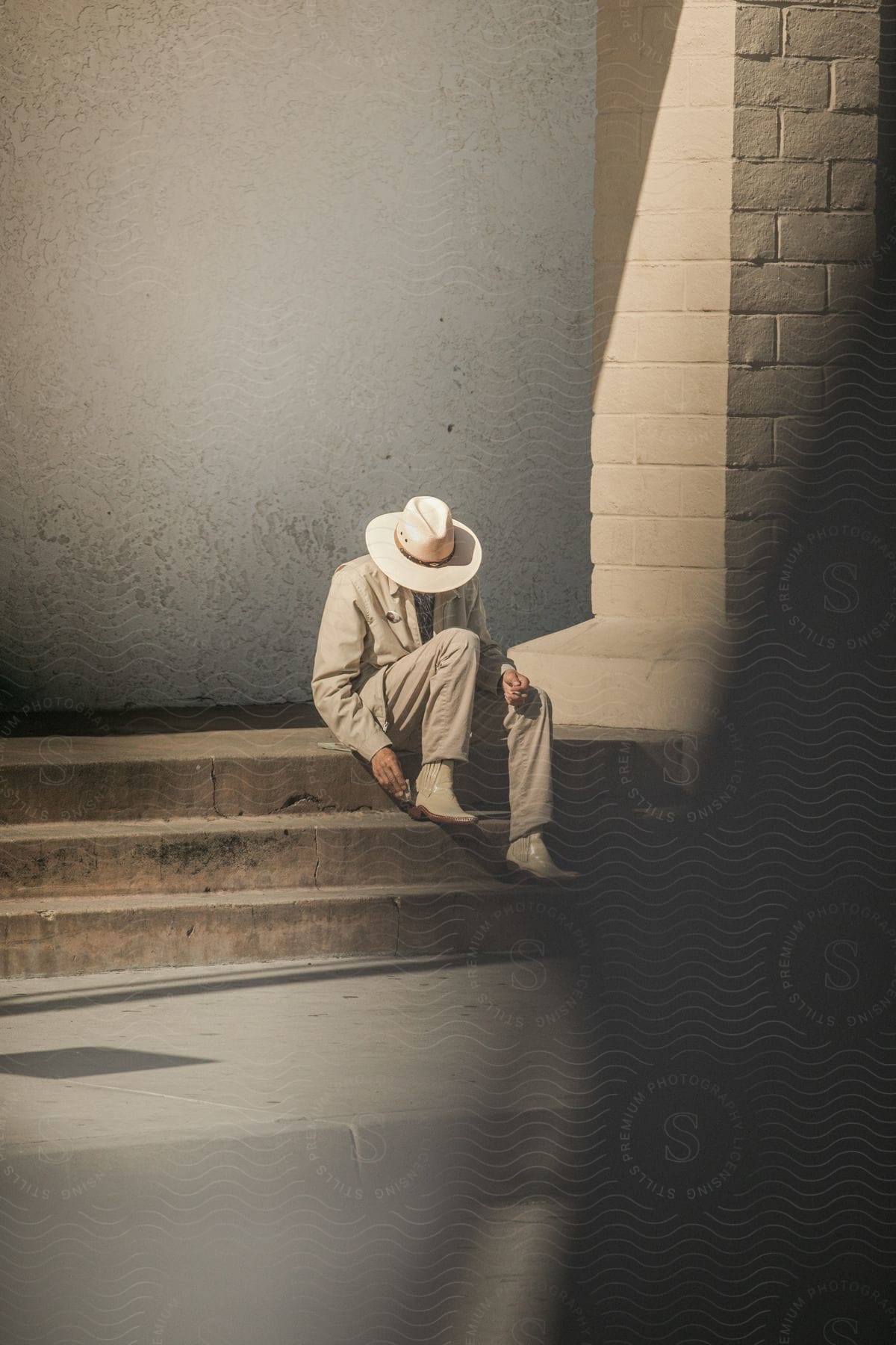 Stock photo of a man wearing a white suit hat and shoes is sitting on the stairs of a building