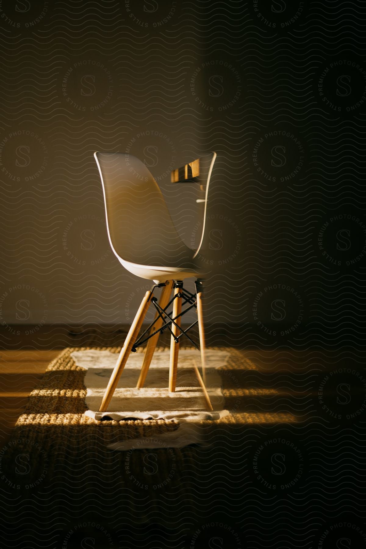 A modern dining chair at a dining table surrounded by shadows in a daytime setting