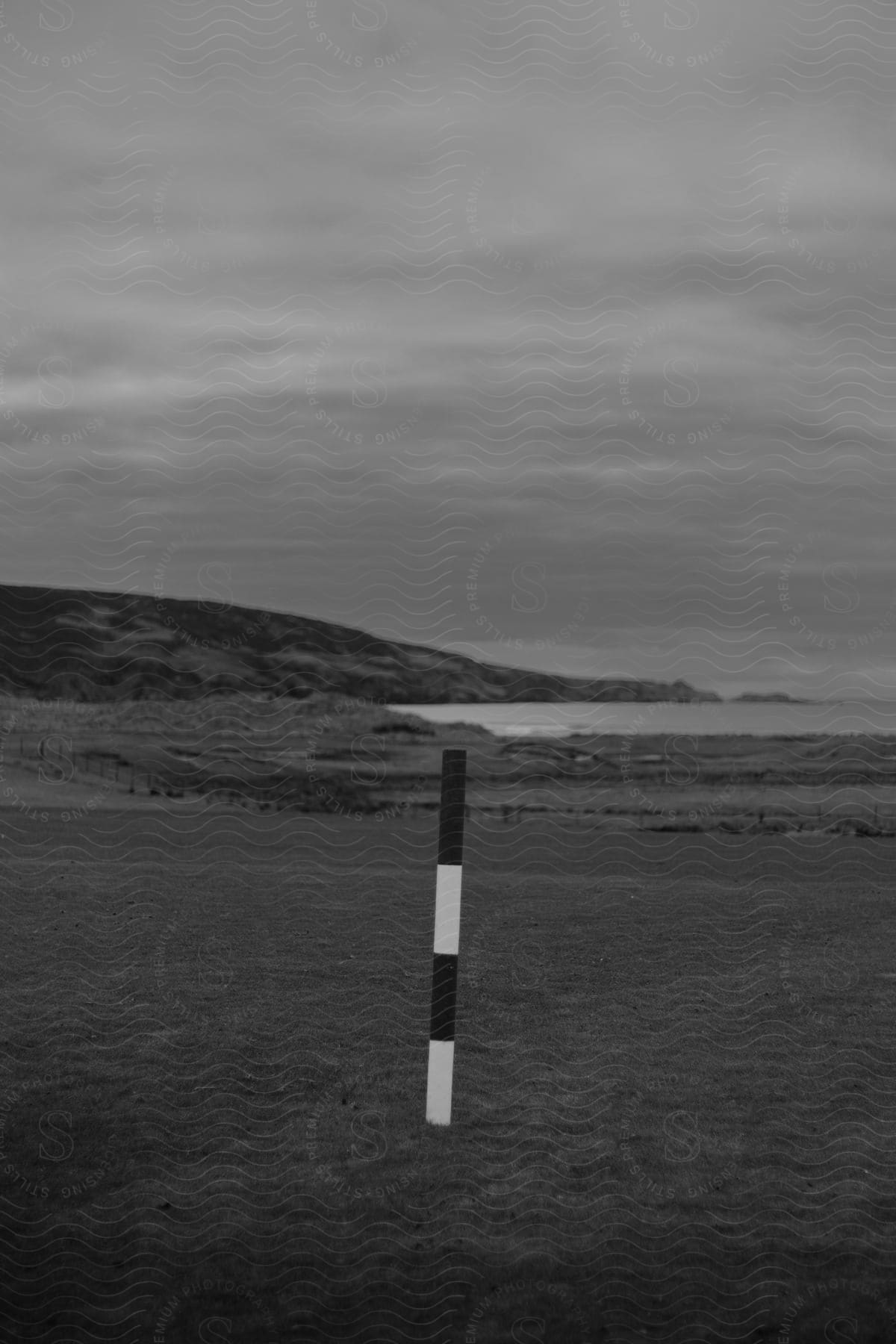 Stock photo of a black and white stake stands in a field with the coast in the background