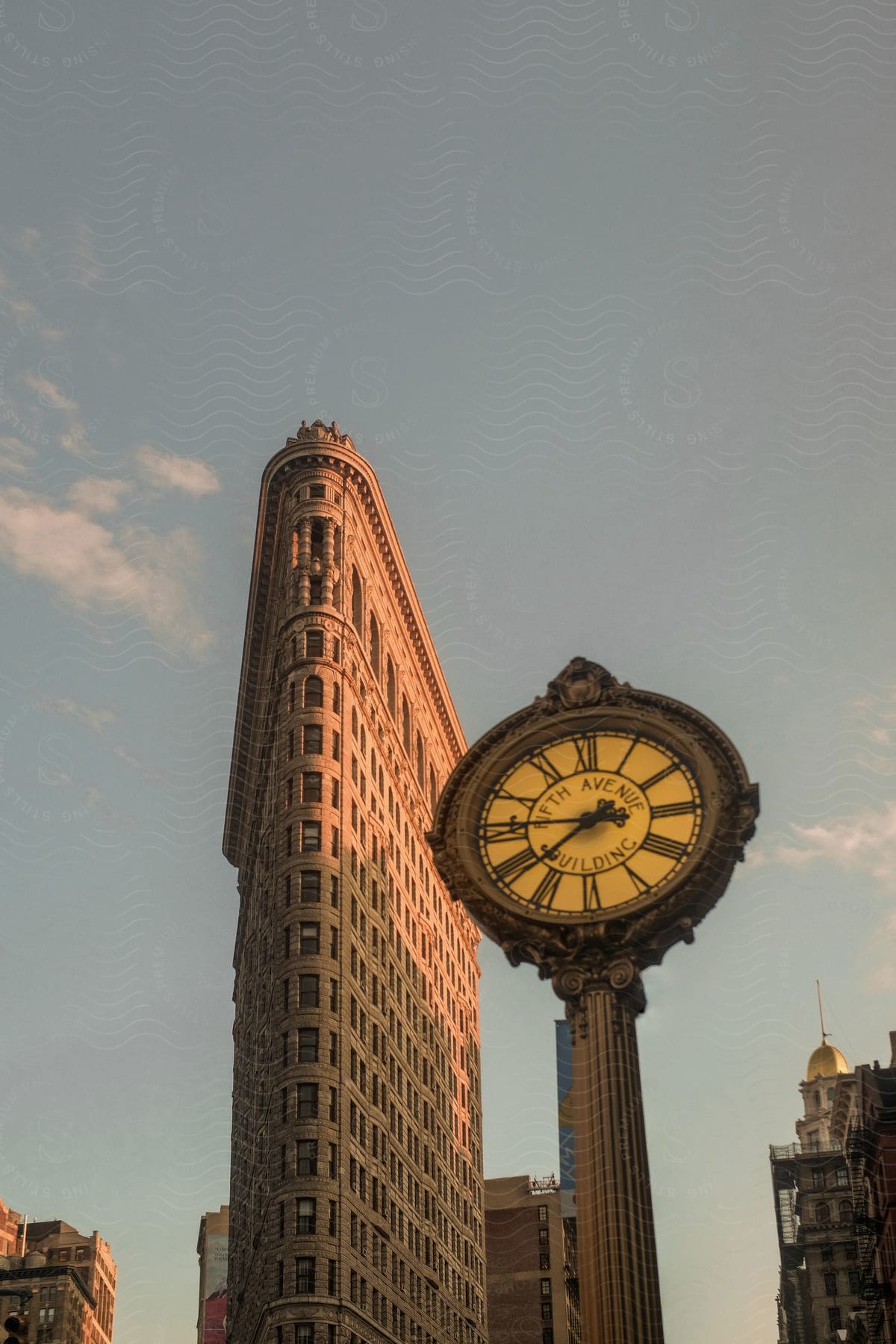A clock sits on the street in front of a tall angled building