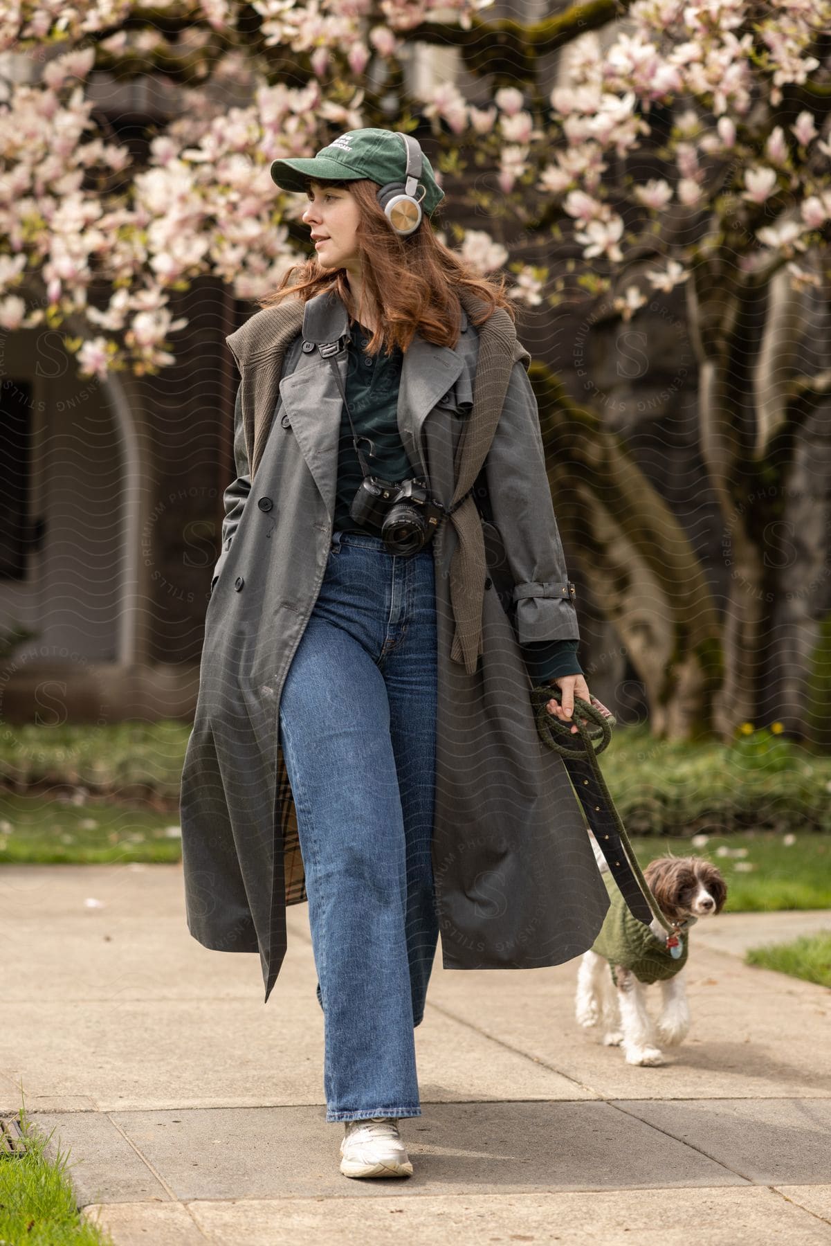 A woman walking her dog outdoors during the day in spring