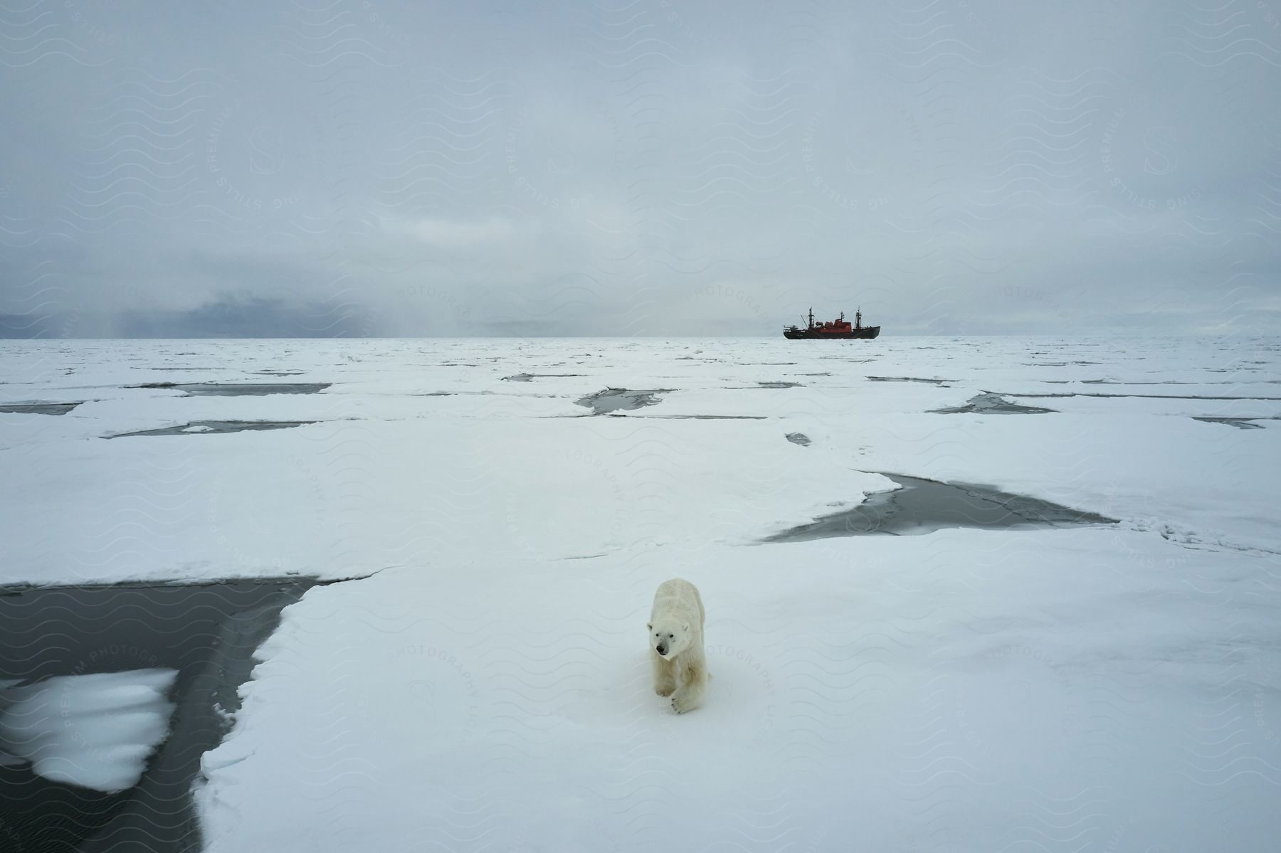 A polar bear walking on ice with a ship in the distance