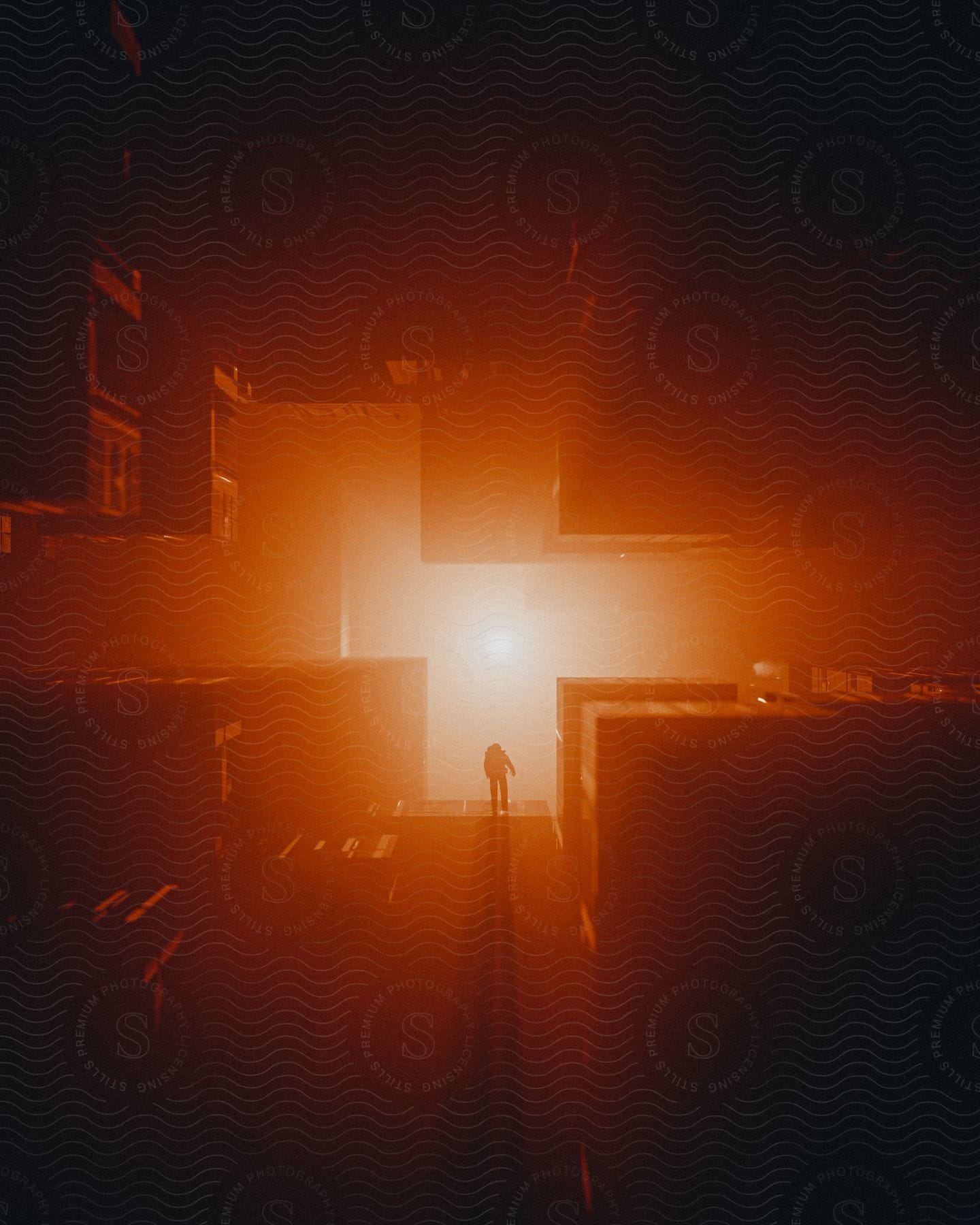 A person stands in front of an orange sun surrounded by squares