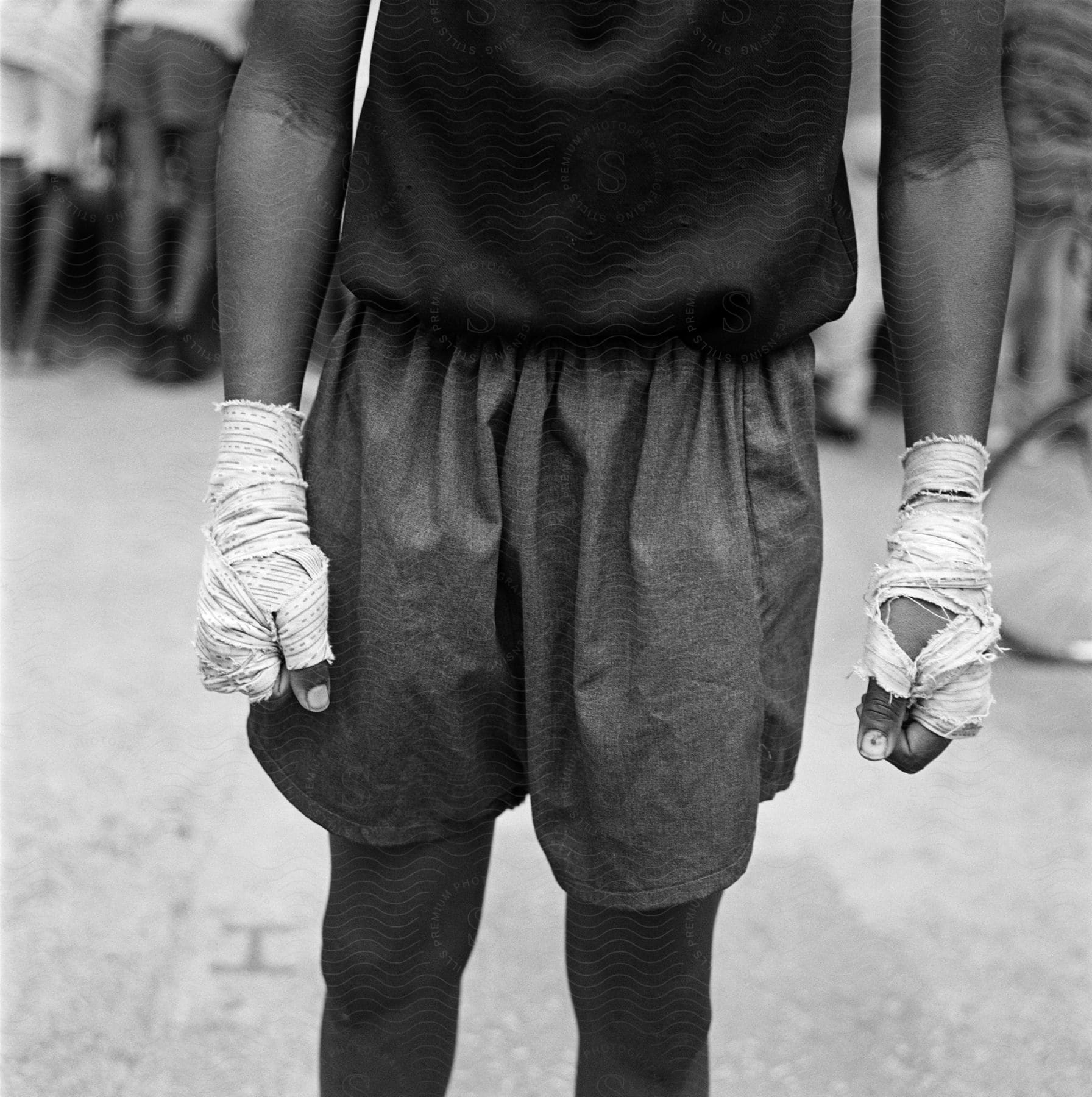 A determined african boy wearing a black shirt shorts and bare knuckle boxing wraps stands still