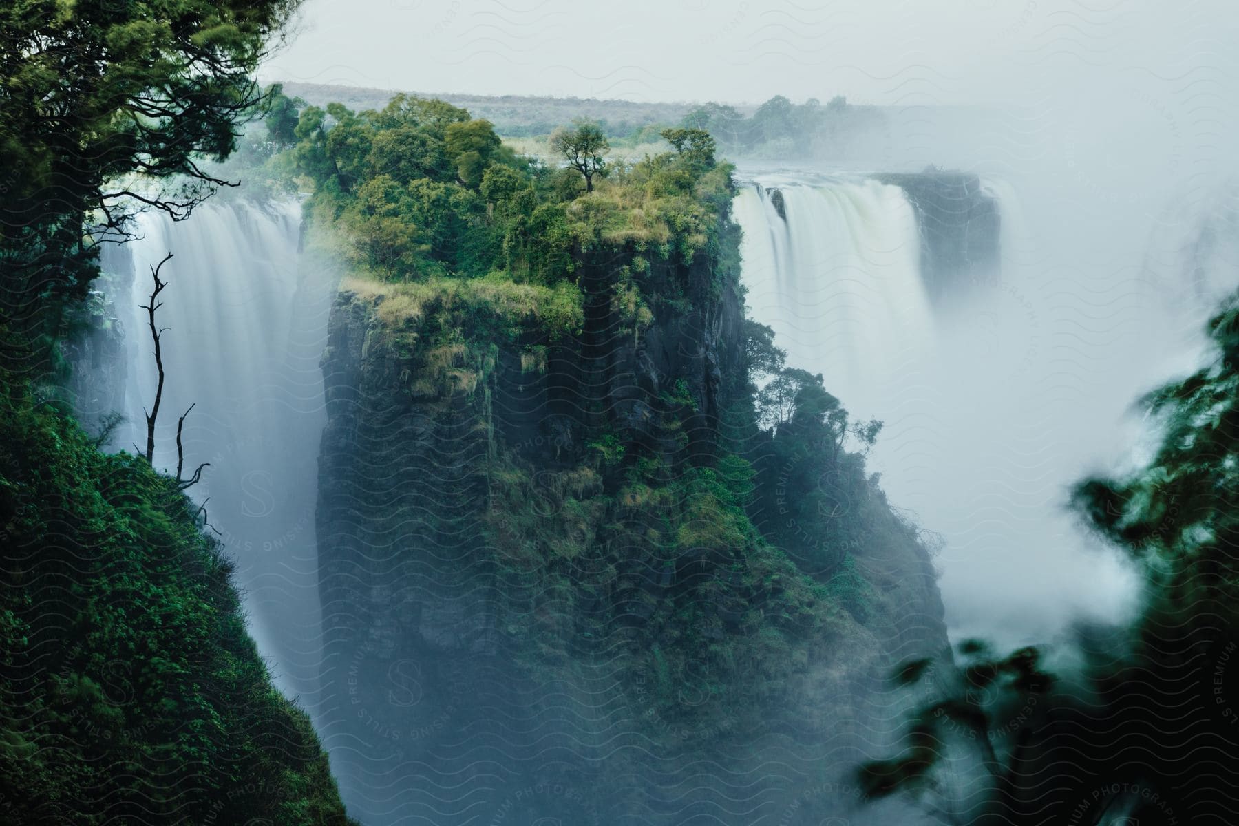 Trees and vegetation grow on a mountainside cliff as waterfalls flow on each side