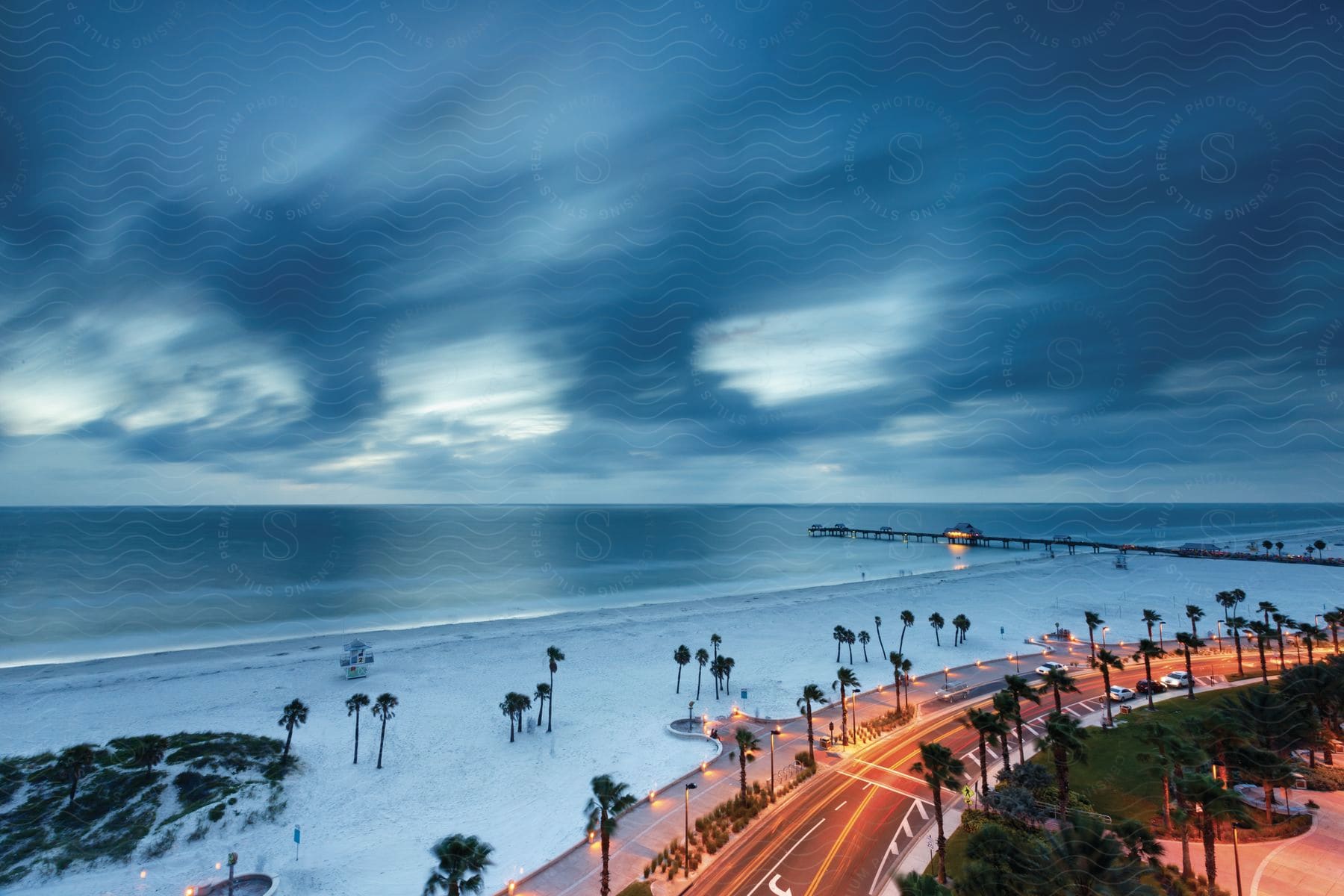 A colorful beach with palm trees