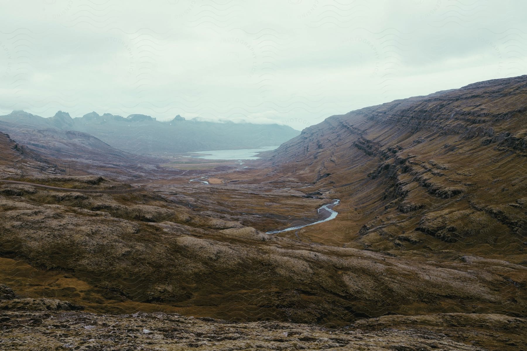 Aerial view of a river flowing through mountains