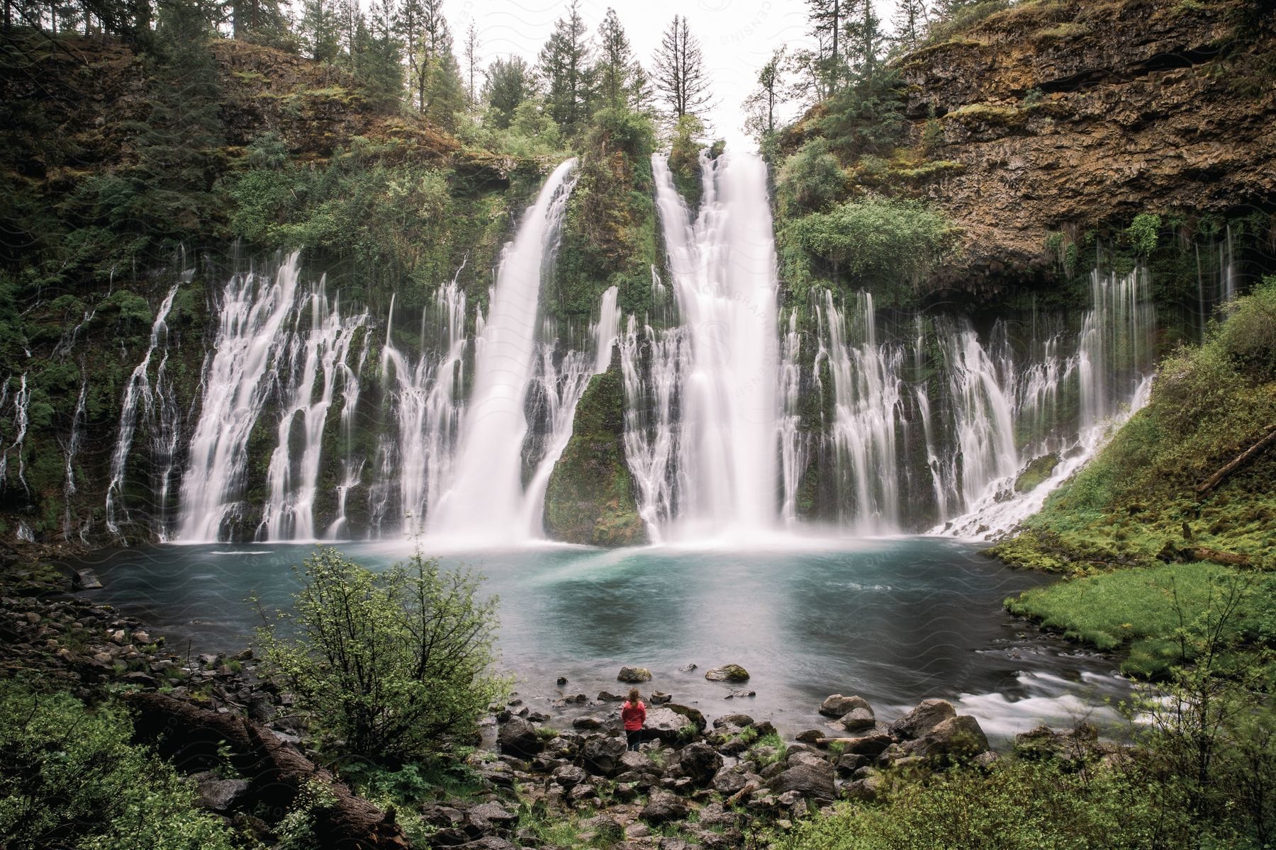 Hiker in red coat on rocks in front of a waterfall on a vegetationcovered cliff