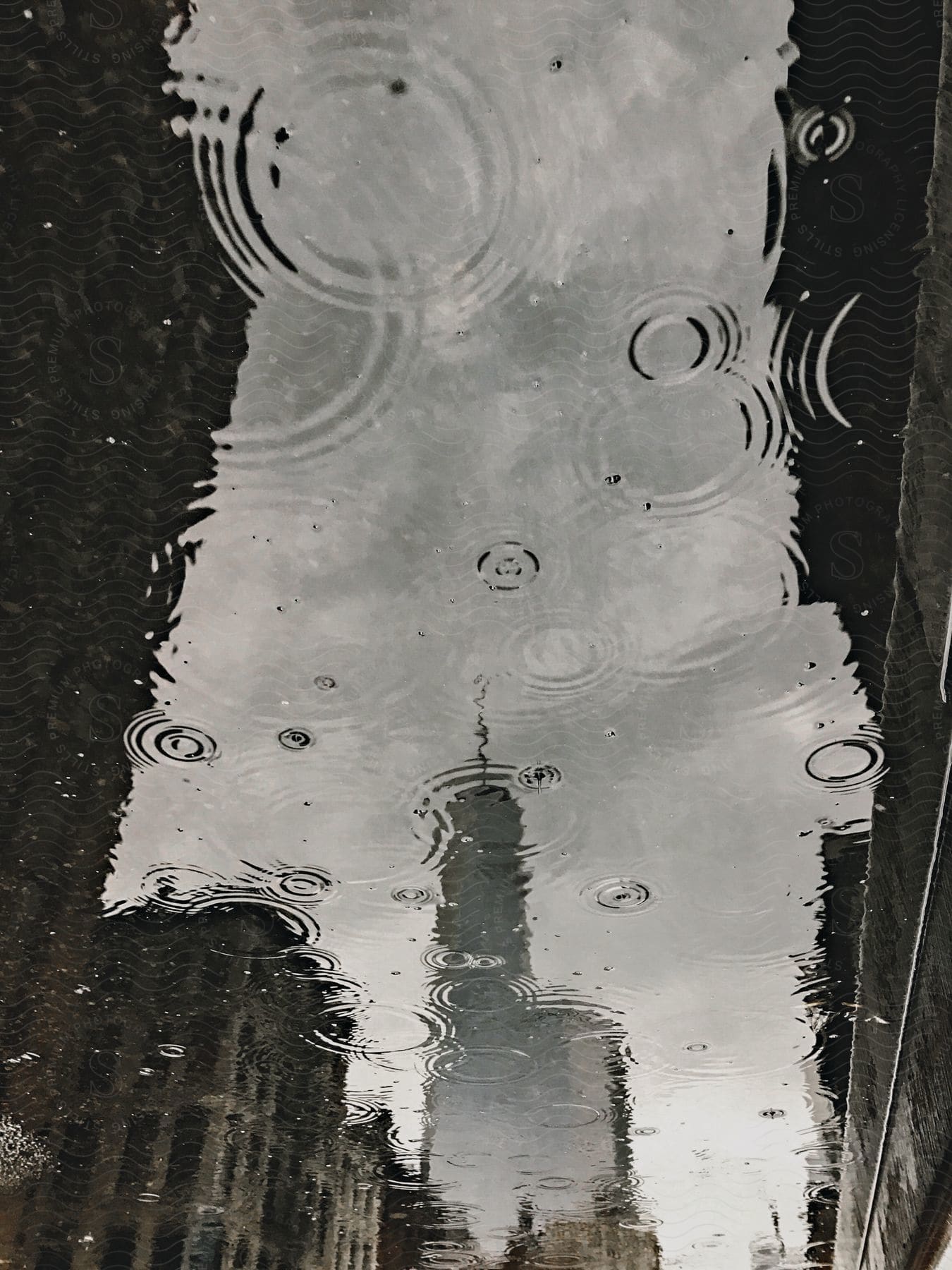 A blackandwhite image of a wooden surface with a ripple in a puddle