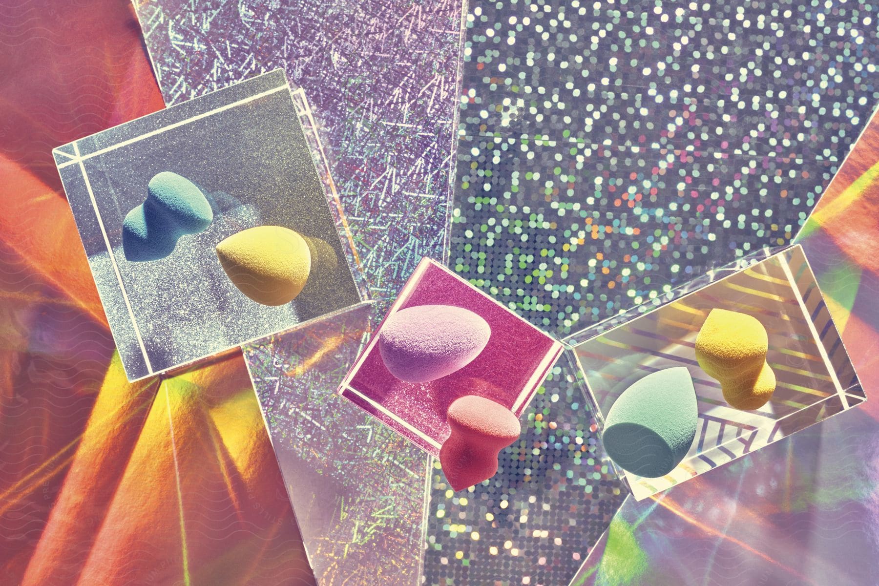 Colorful makeup sponges arranged in a chaotic manner over an abstract background