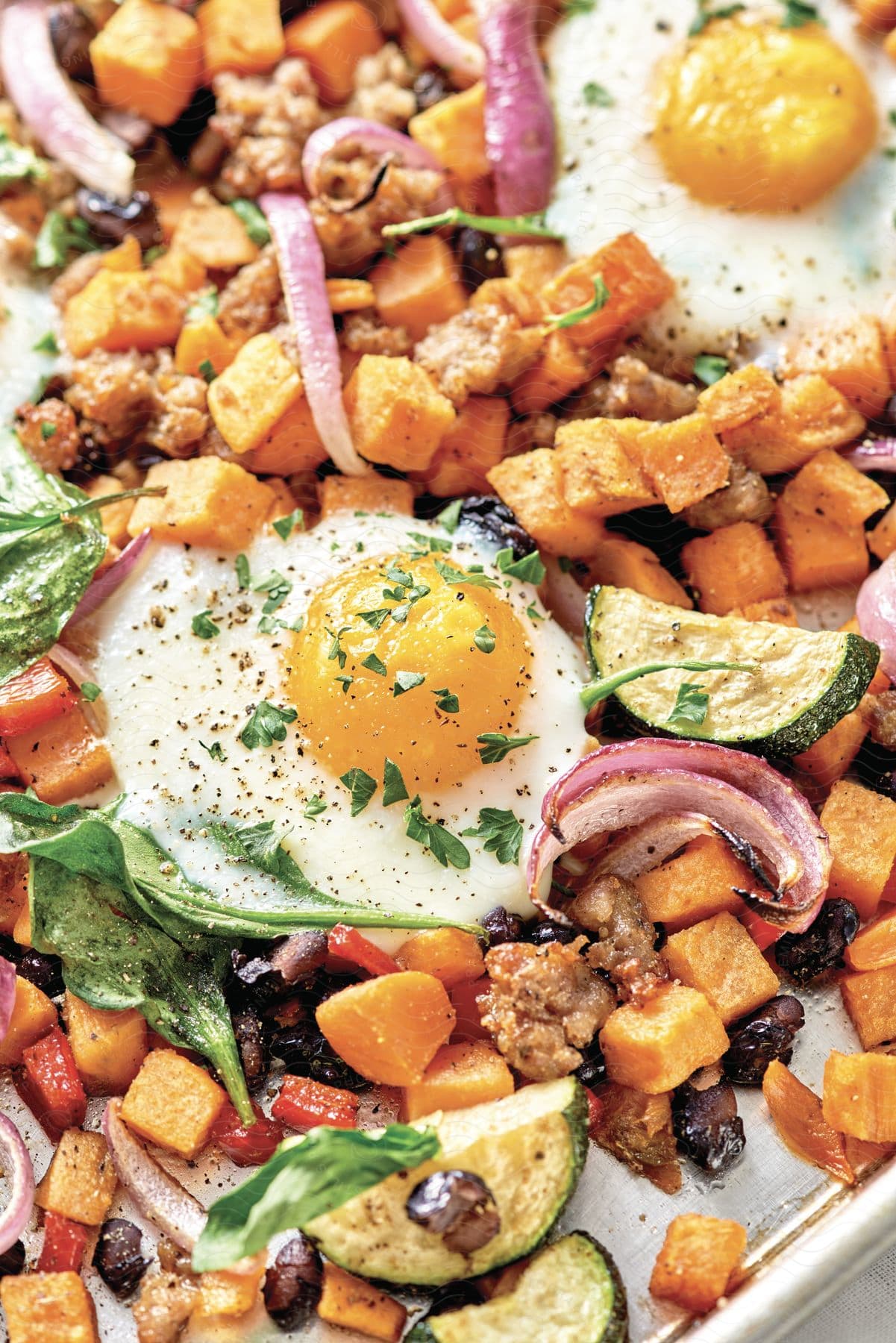 A plate of hearty breakfast with sunny side up eggs black beans onions carrots and zucchini