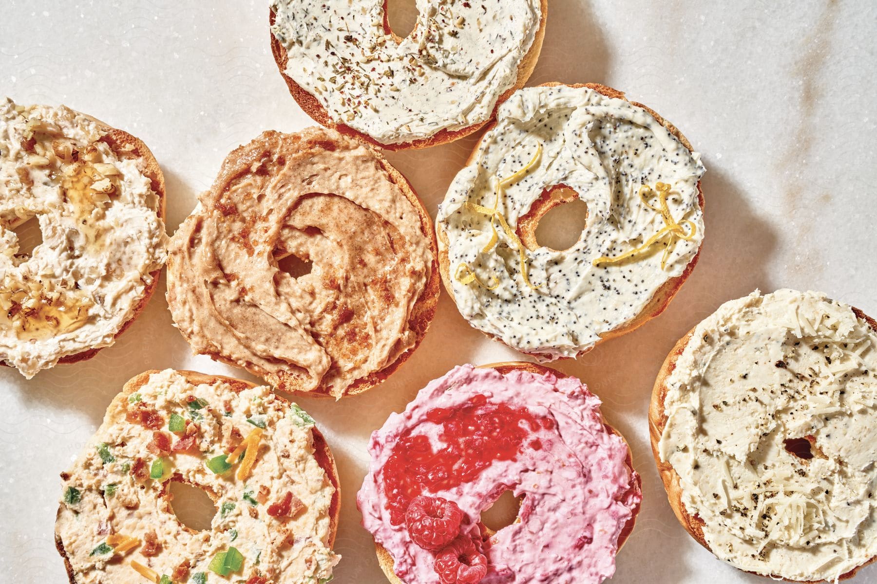 Bagels are displayed on a table