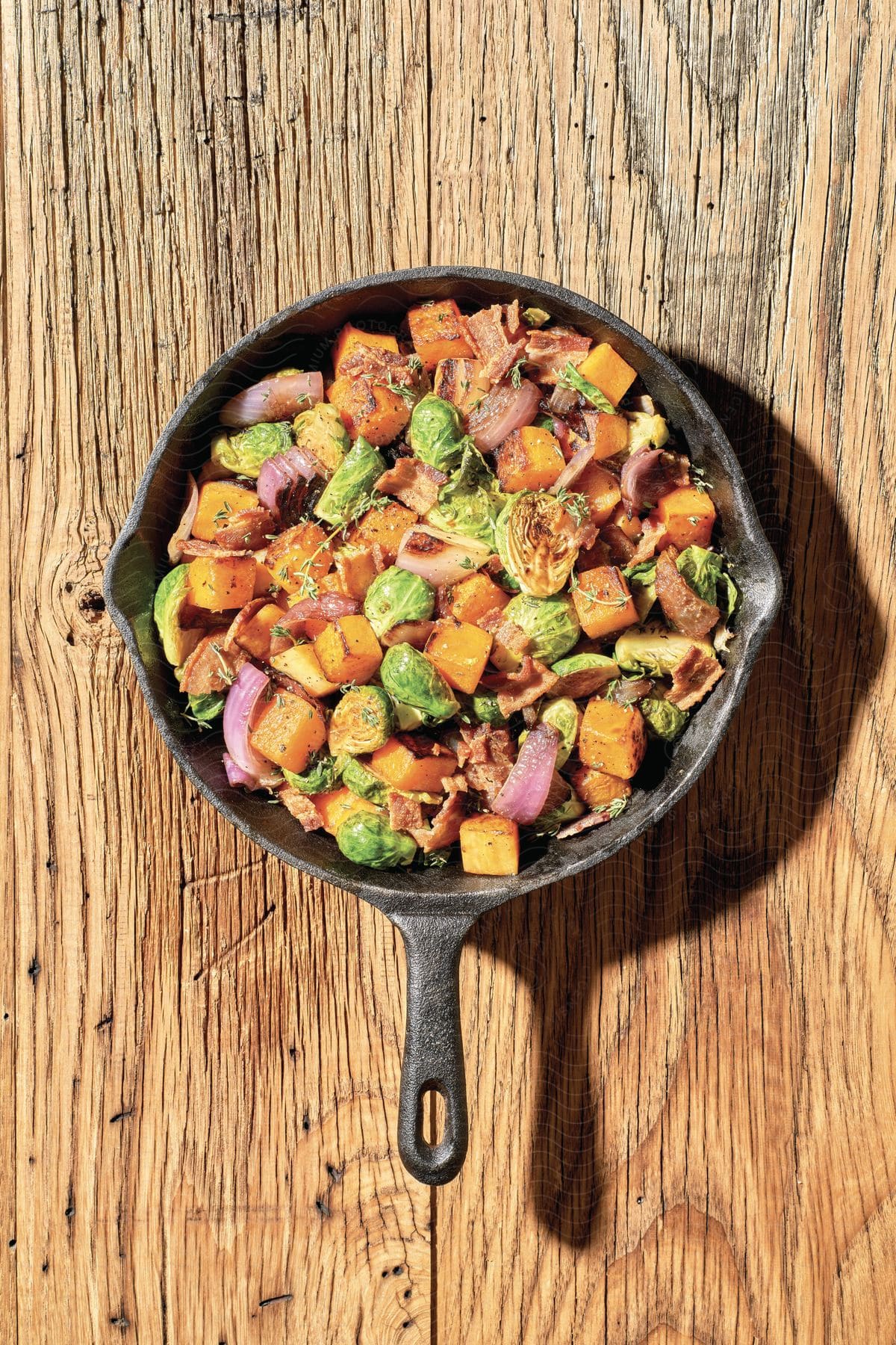 Vegetable hash in an iron skillet on a wood table