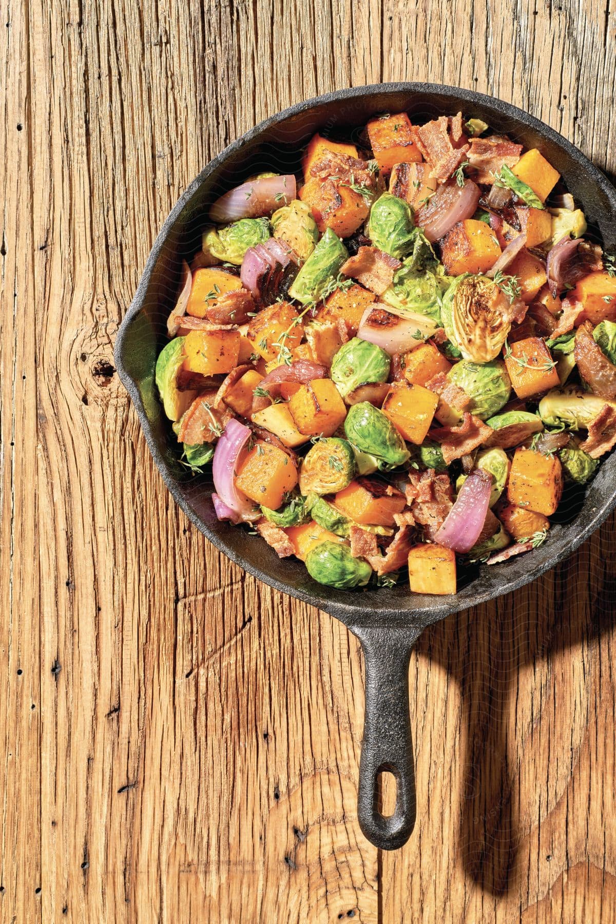 Roasted brussel sprouts and vegetables rest in a cast iron pan