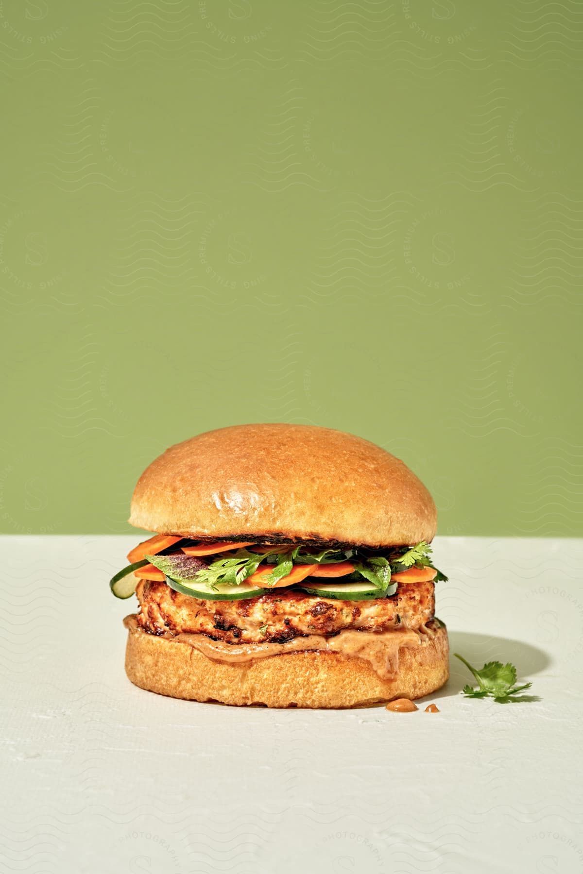 A chicken burger with vegetable toppings and sauce dripping from the bottom bun