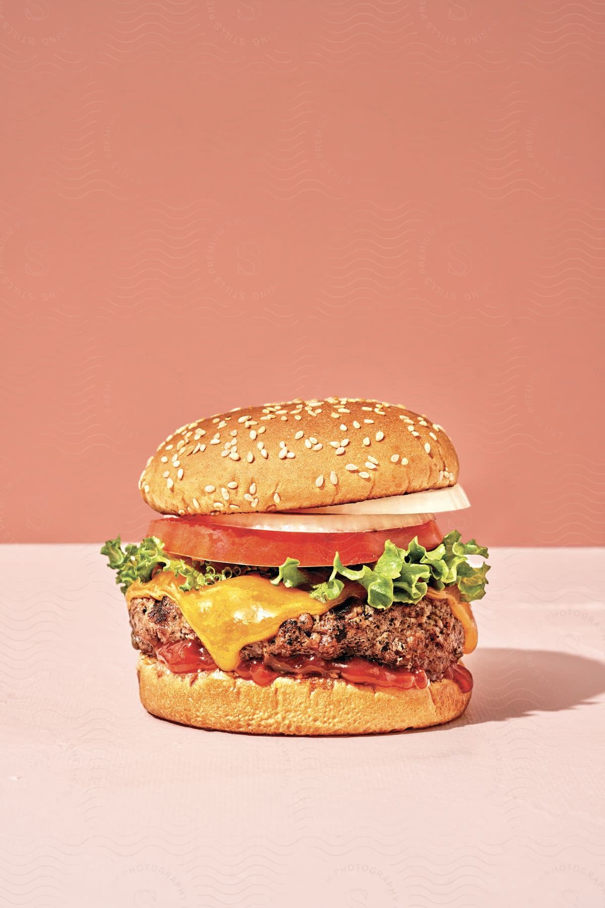 A closeup of a cheeseburger