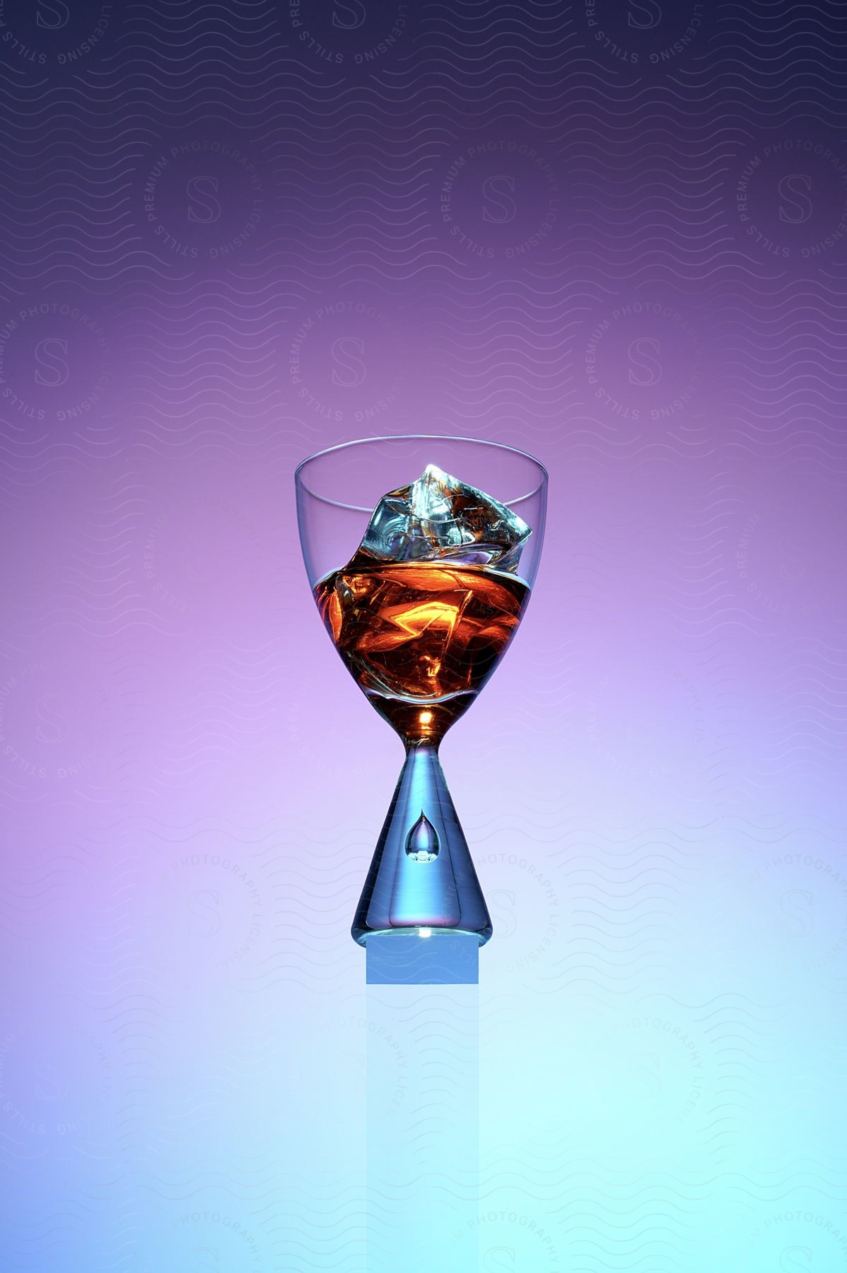 Digital art of a glass with amber liquid and ice cubes