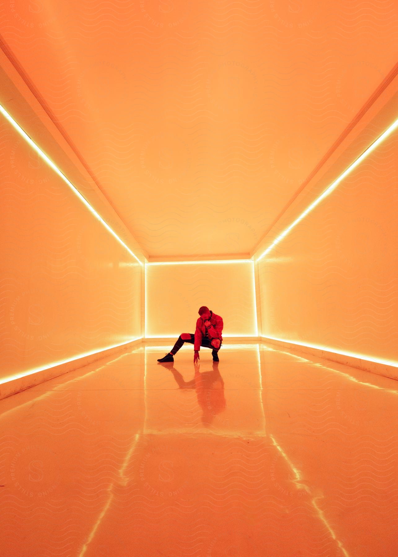 A man wearing a red jacket poses in a compact room with orange led lights