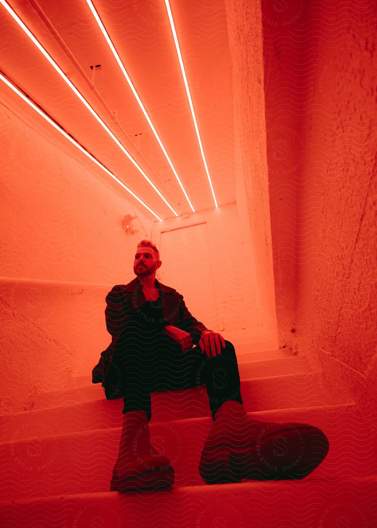 A man sitting on a staircase lit by red lights