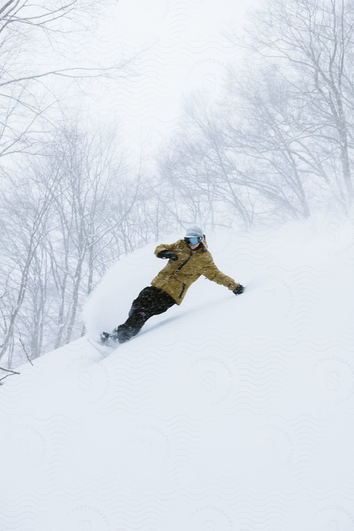 A person snowboarding down a steep slope in the snow